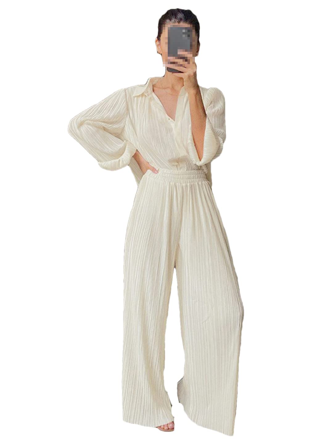 Women's High Waist Ruched Palazzo Pants with Loose Blouse Set - Stretchy Elastic Waistband & Oversized Fit for Casual Wear, Office Outfits & Summer Fashion