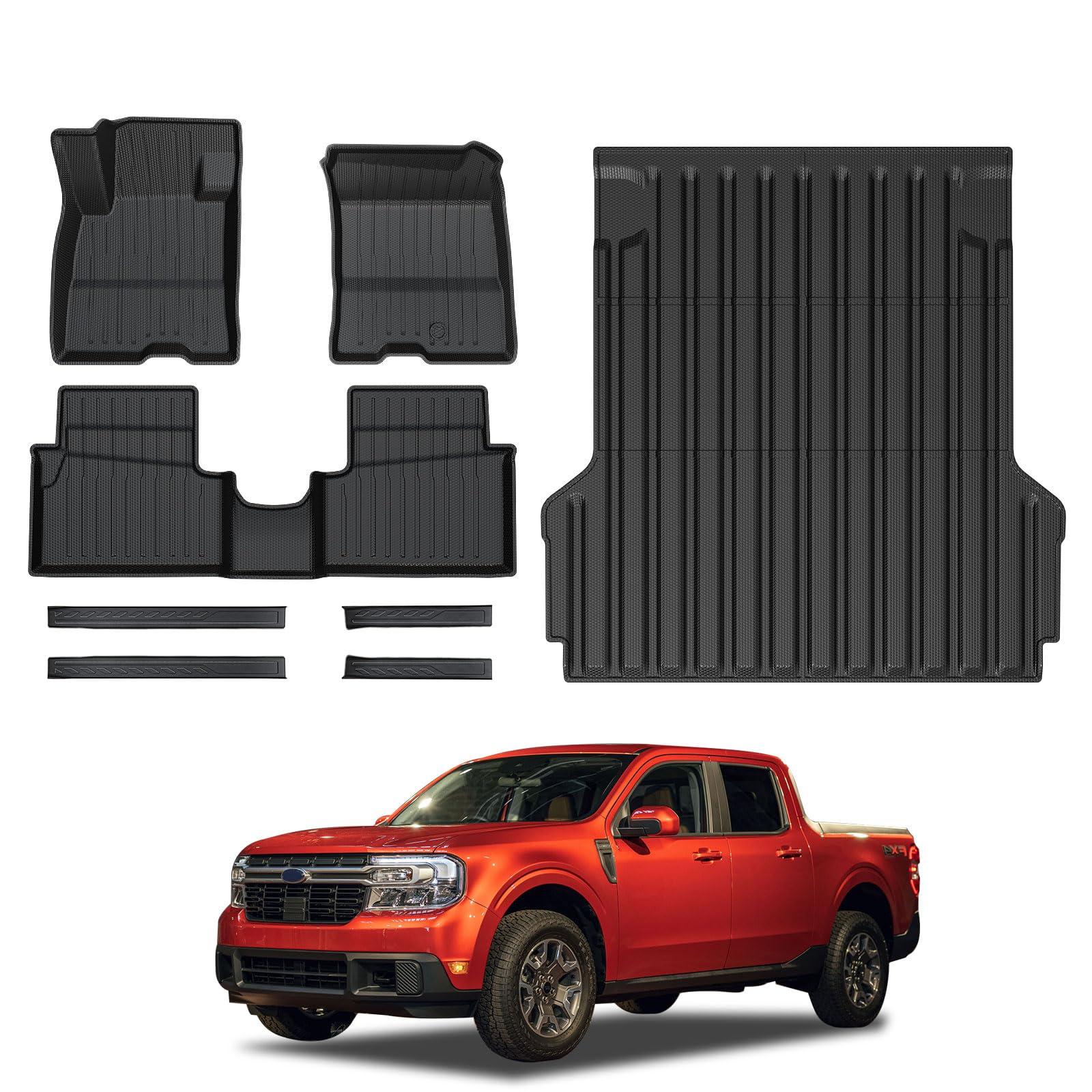 Mabett All-Weather TPE Custom Fit Truck Bed Mat & Floor Liners with Door Sill Protectors for 2022-2024 Ford Maverick Hybrid Accessories (Not for Gasoline Models) - Durable Protection for Off-Road, Camping & Daily Commute