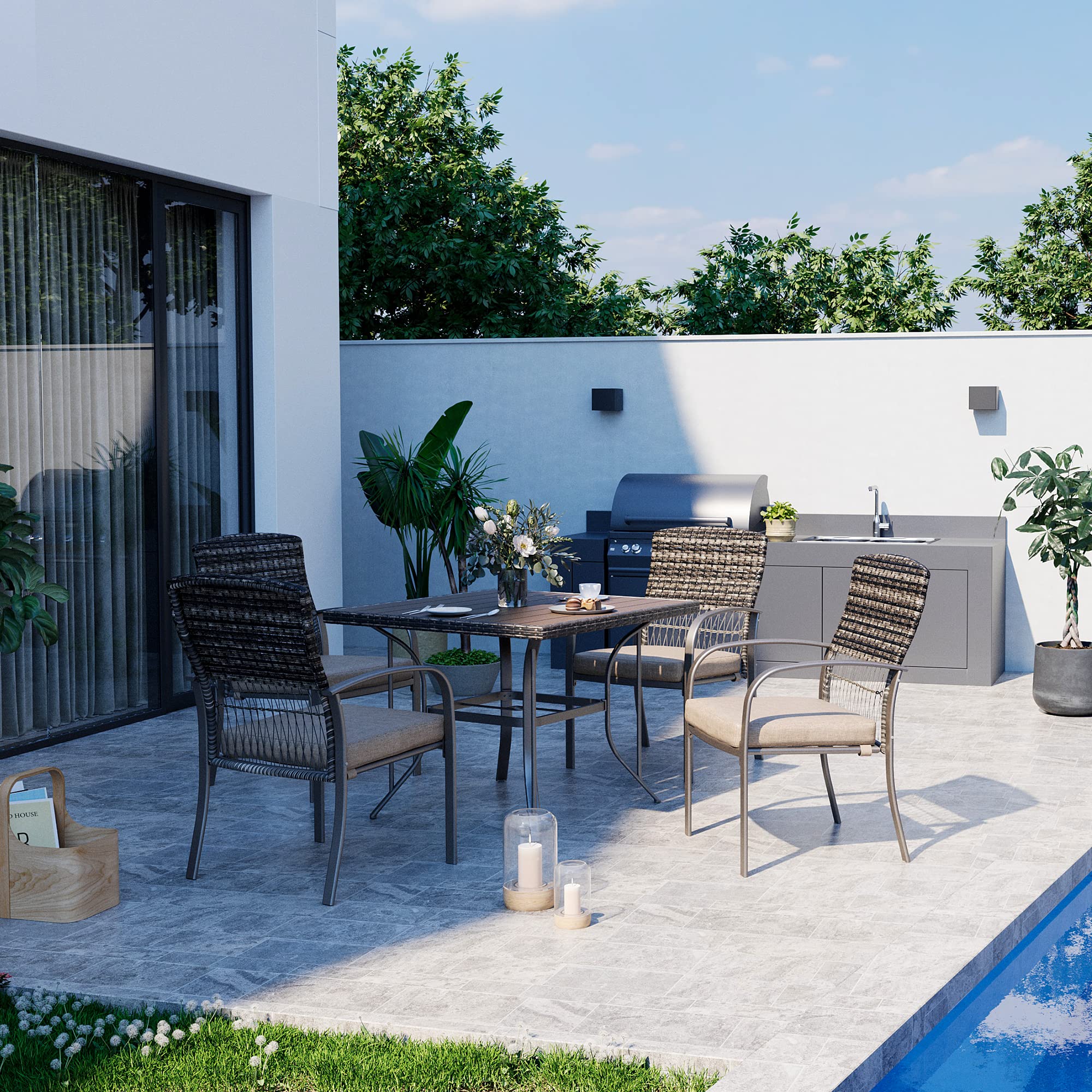 Pamapic 5-Piece Outdoor Patio Dining Set - Weather-Resistant PE Rattan Table & Chairs with Comfortable Cushions - Easy to Maintain Beige Furniture for Garden, Backyard, Poolside & Terrace