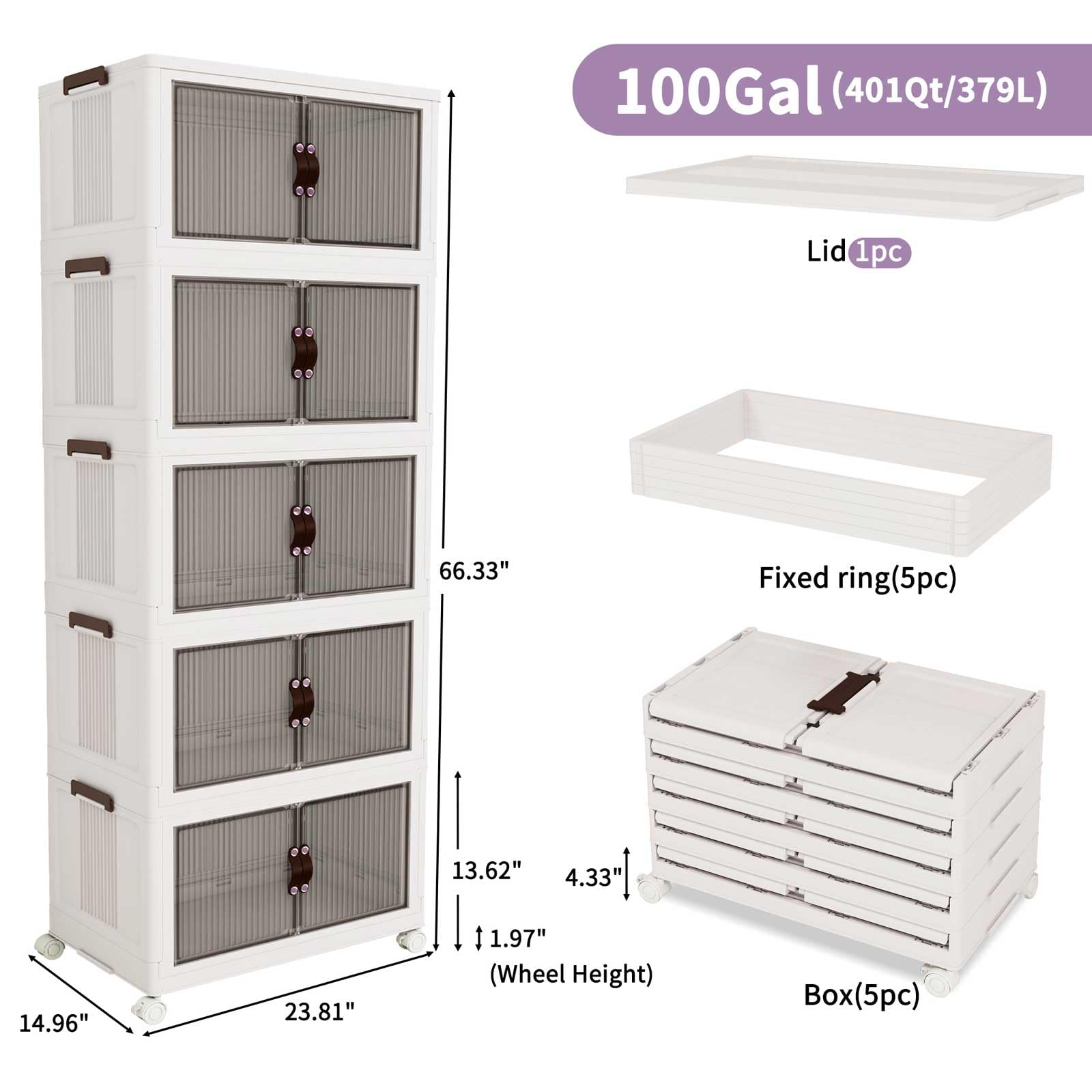 Collapsible Storage Cabinet with Lids - 100 Gallon/400QT Large Clear Door Storage Bins, 5-Tier Stackable Organizer with Rotating Wheels, Foldable Closet & Home Storage Solution for Bedroom, Garage, Office (White)
