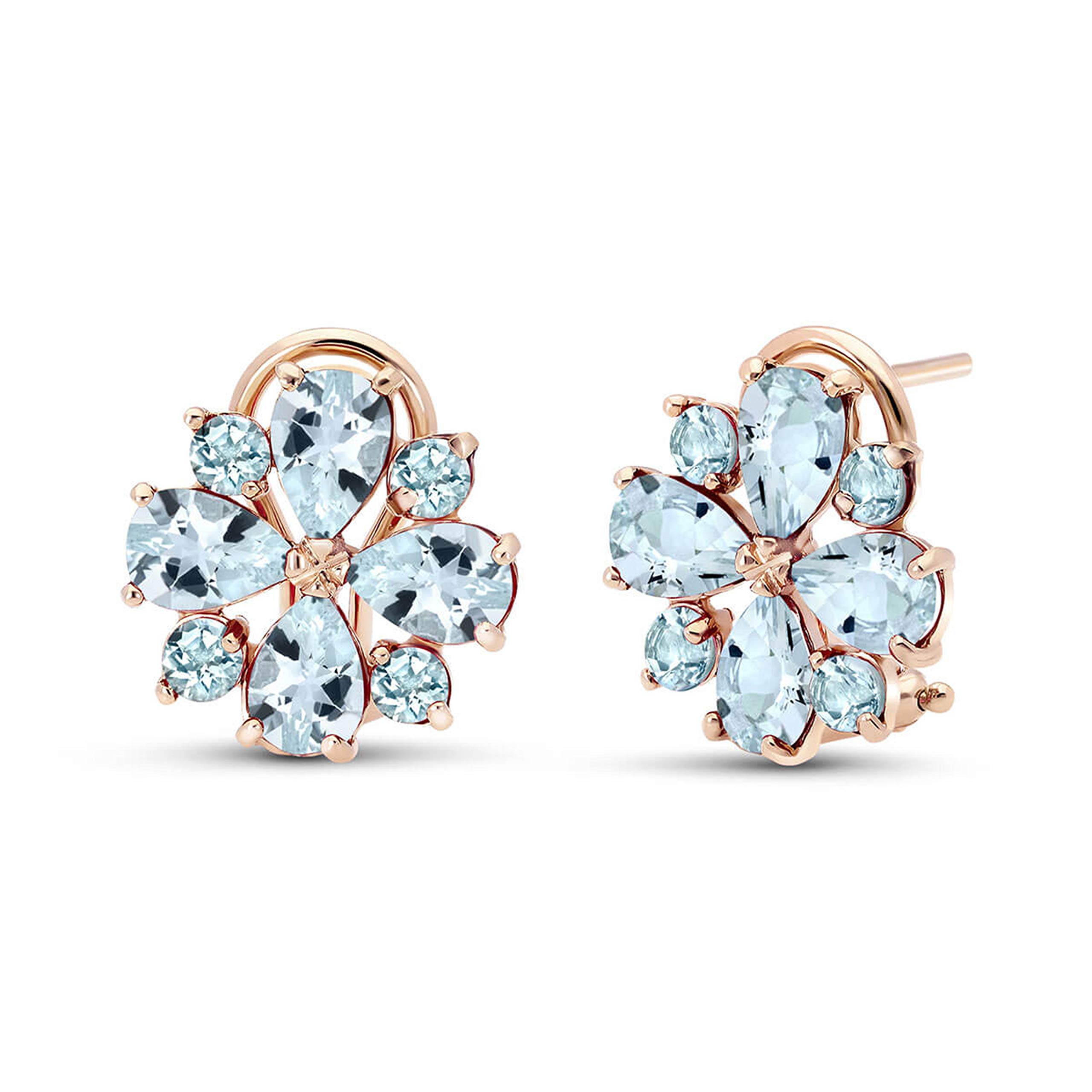 14K Rose Gold Aquamarine French Clip Flower Earrings for Women - Elegant Floral Dangle Earrings for Wedding, Party & Special Occasions