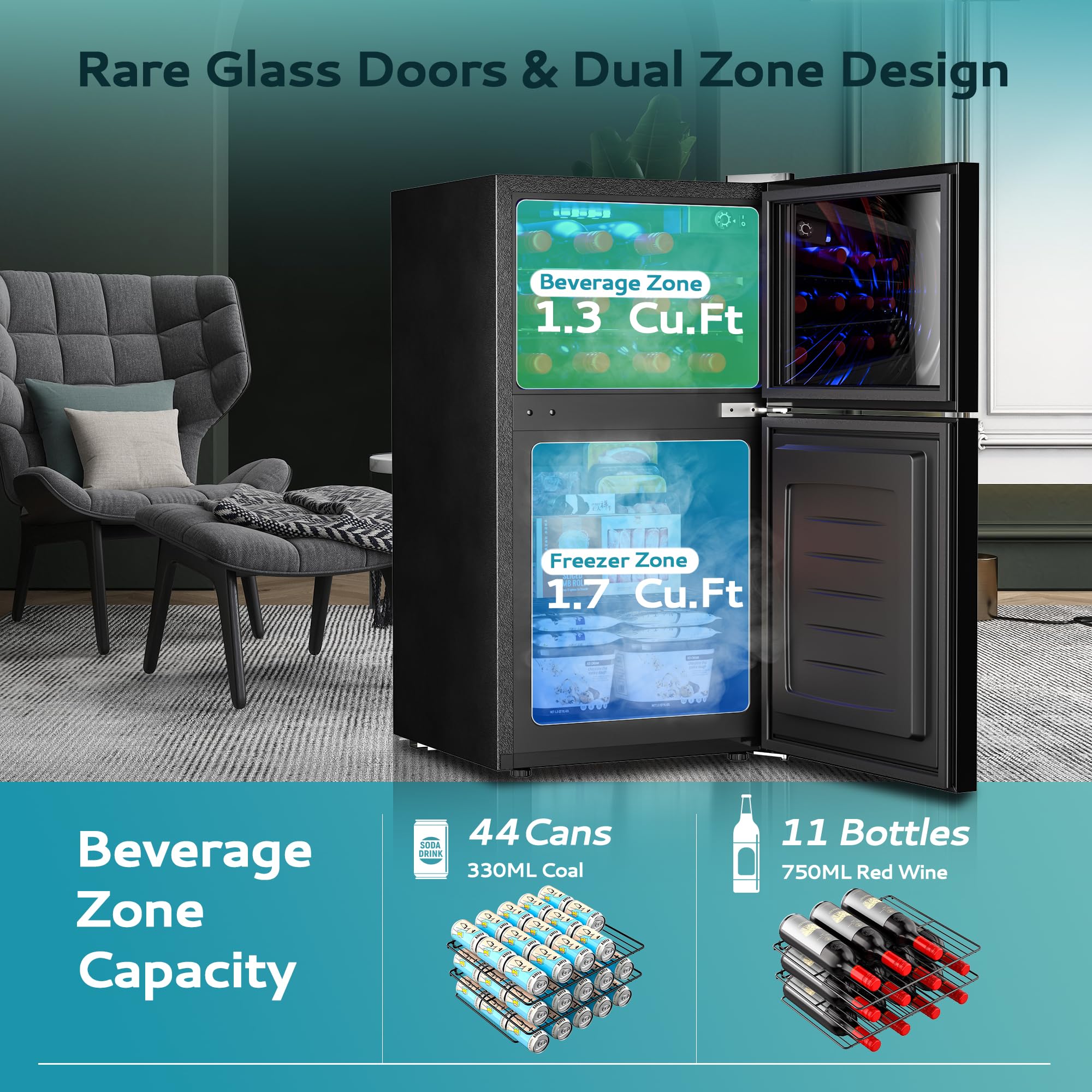 EUHOMY 3.2 Cu Ft Double Door Mini Fridge with Freezer - Compact Freestanding Refrigerator with Adjustable Temperature Control, Reversible Door - Perfect for Kitchen, Office, Bar, Dorm, RV - Keep Beverages, Snacks, Wine Fresh