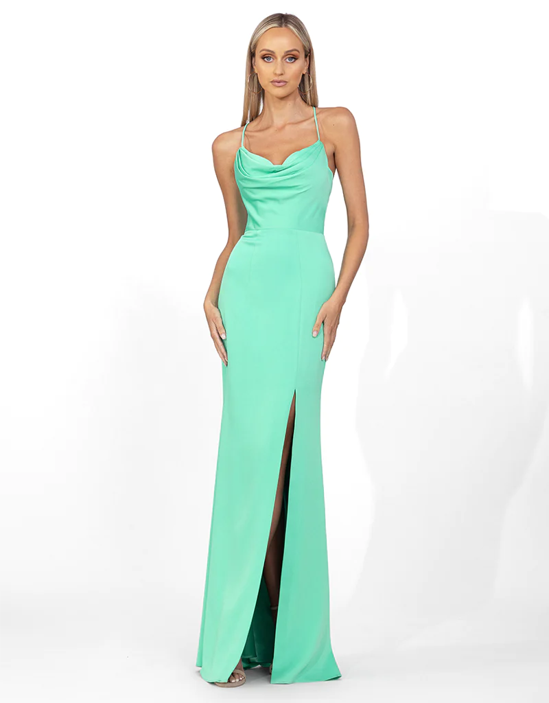 Elegant Valentine's Day Cowl Neck Strappy Back Evening Gown - Perfect for Date Night, Prom, and Formal Events