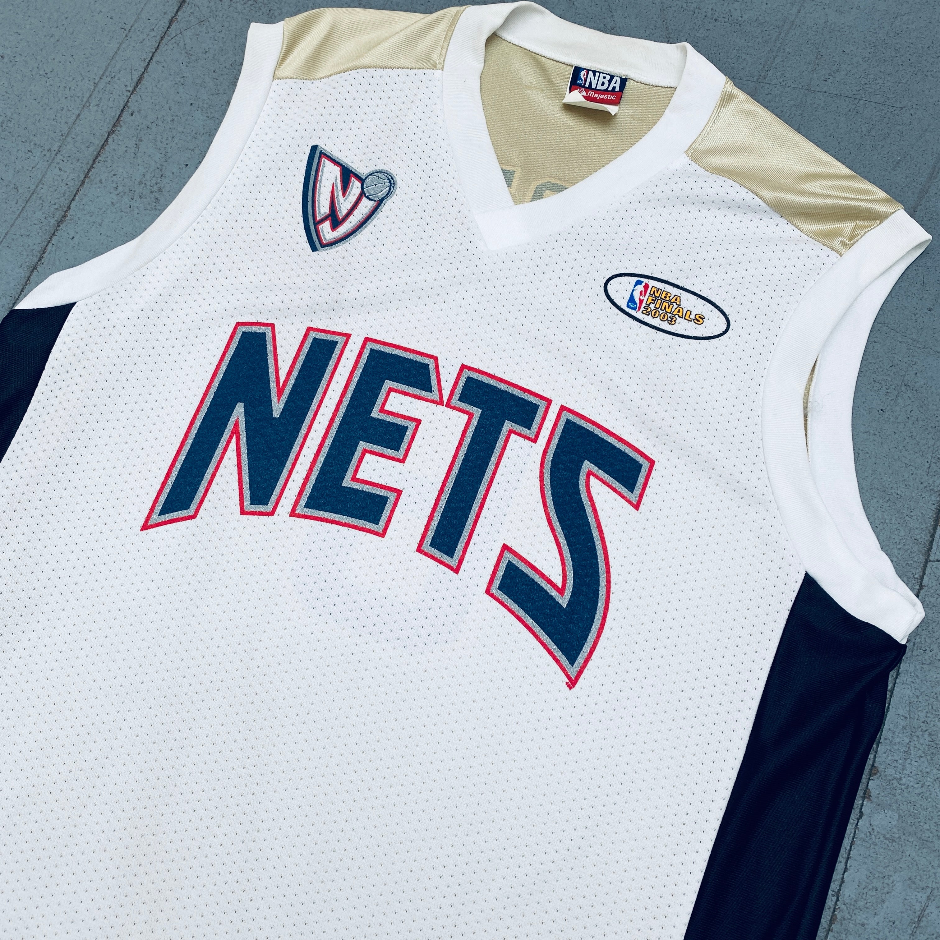 Authentic Kenyon Martin 2002-03 New Jersey Nets White & Gold Majestic Jersey with 2003 NBA Finals Patch - Size Large - Perfect for Basketball Fans, Collectors and Game Day Outfits