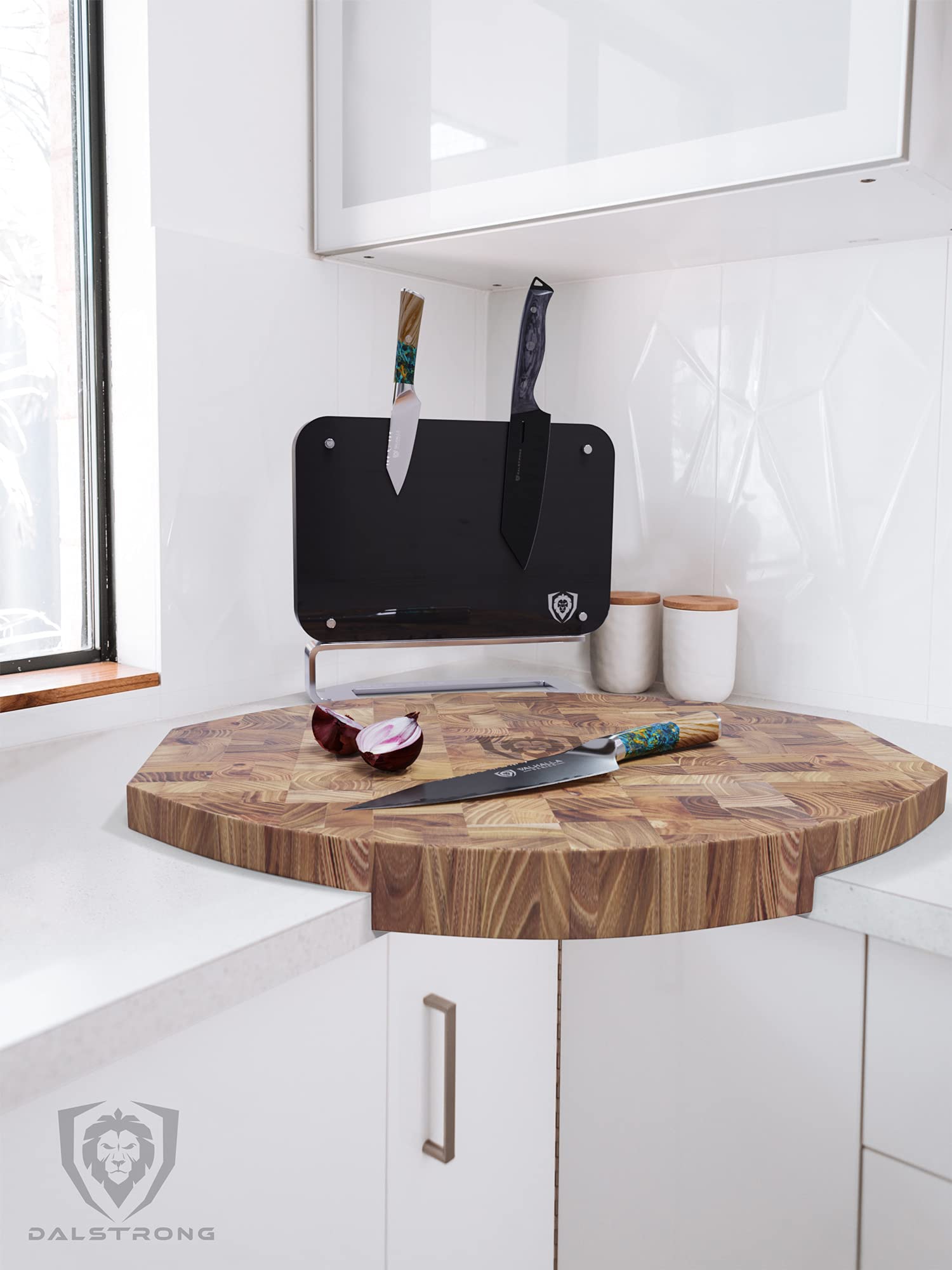 Premium DALSTRONG Corner Counter Cutting Board - Lionswood End-Grain Teak Wood with Slicing & Carving Knife Set - 12