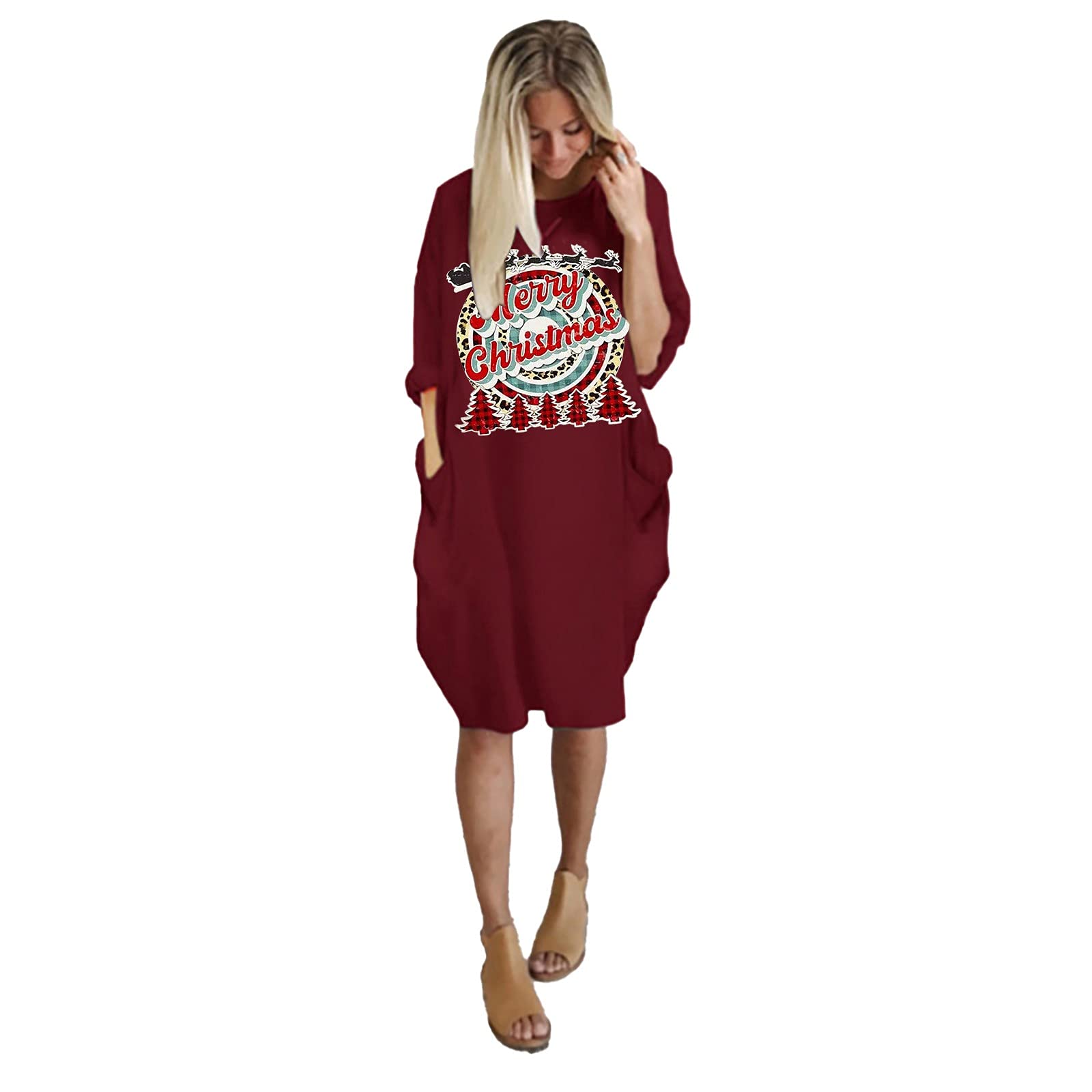 GTMANG Women's Christmas Dress - Cute Printed Round Neck Long Sleeve with Pocket | Fall & Summer Casual Dresses for Women | Holiday Party, Office Wear & Family Gatherings