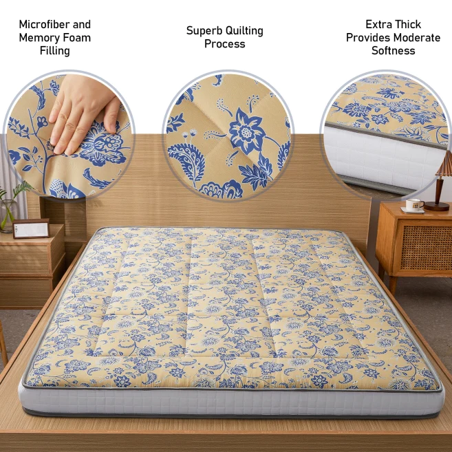MAXYOYO Padded Japanese Floor Mattress - Floral Printed Futon Mattress & Folding Sleeping Pad for Guest Bed, Camping, Yoga & Meditation | Comfortable Floor Cushion for Small Spaces