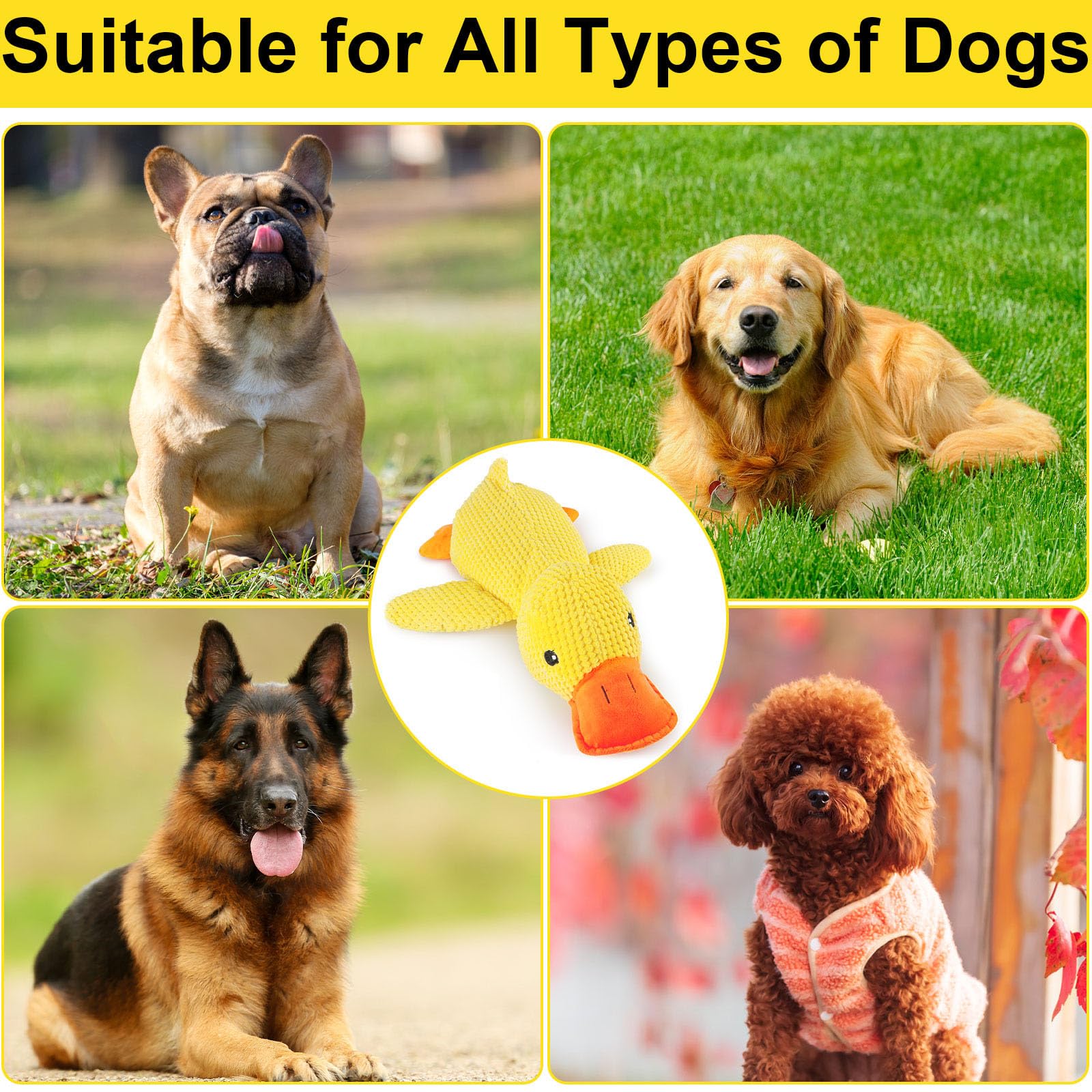 Mellow Dog Calming Duck Toy - Soft Squeaky Plush Duck for Anxious Dogs | Stress Relief & Comfort for Indoor Pets | Perfect for Separation Anxiety, Chewing, and Cuddling (Yellow)