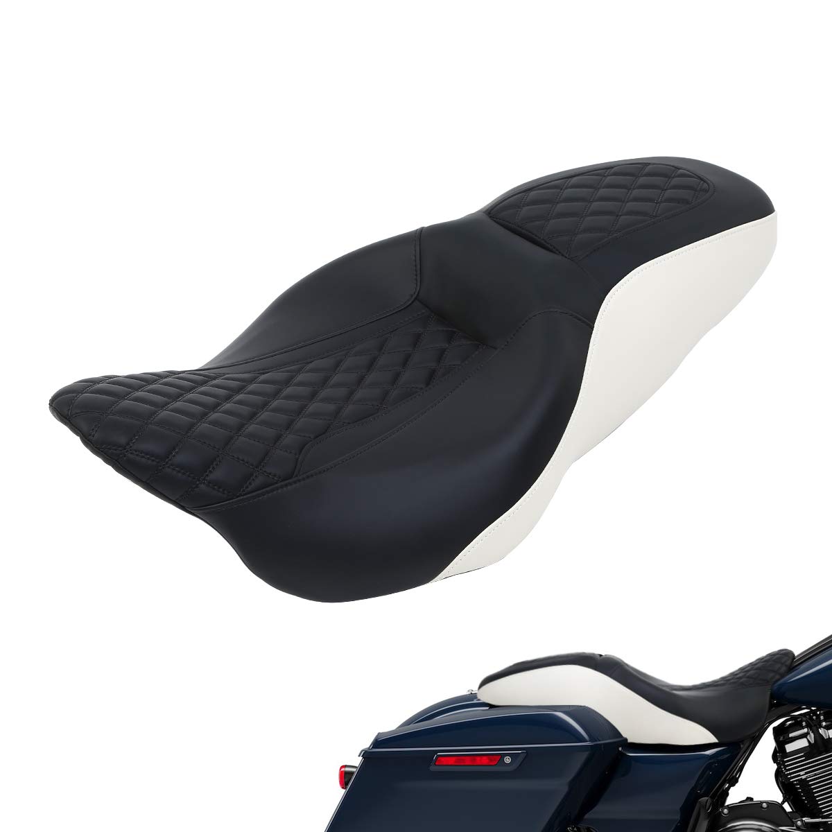 Premium Black Motorcycle One-Piece Two Up Rider & Passenger Seat for Harley Touring Road King Electra Street Glide CVO Tri-Glide 2009-2023 (Style 5) - Comfortable Long Distance Riding & Cruising Accessory
