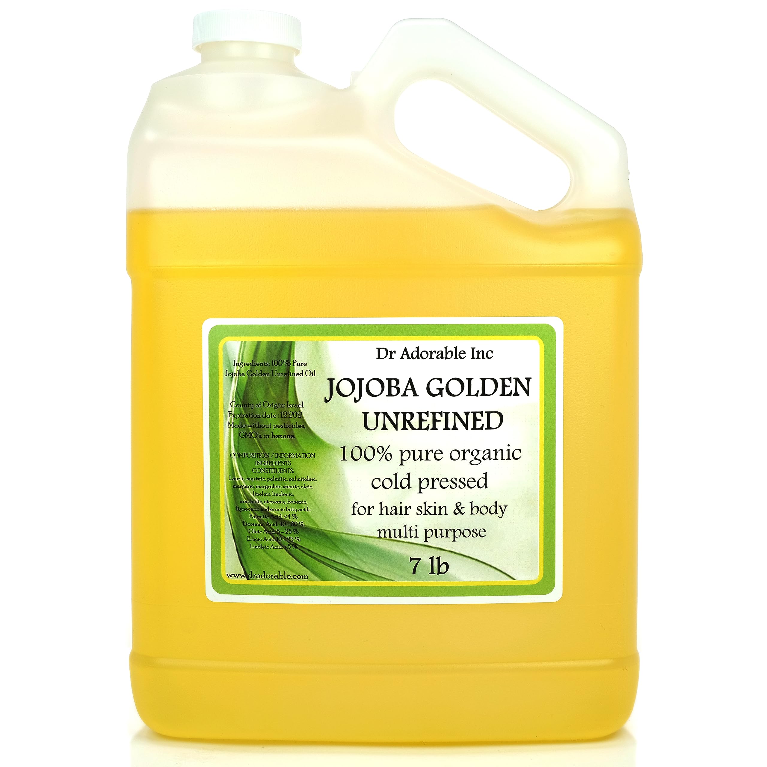 Dr Adorable 7 lb Jojoba Oil Golden - 100% Pure Natural Unrefined Organic Cold Pressed - Perfect for Skin Care, Hair Treatment & DIY Beauty Products