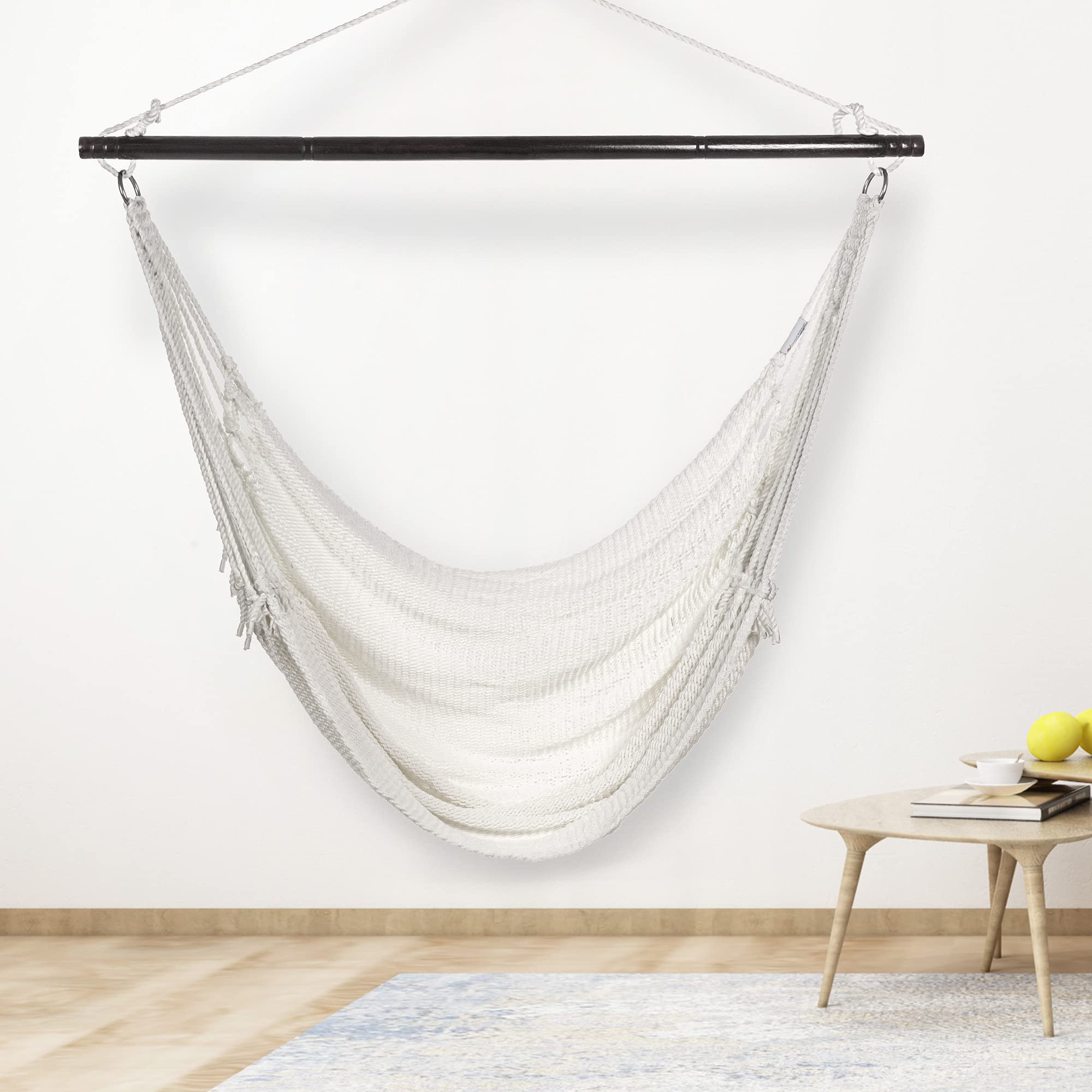 Jumbo Caribbean Hammock Chair with Footrest - 55 Inch Oversized Hanging Swing Seat - Soft-Spun Polyester Fabric - White Outdoor Relaxation Chair for Patio, Garden & Backyard