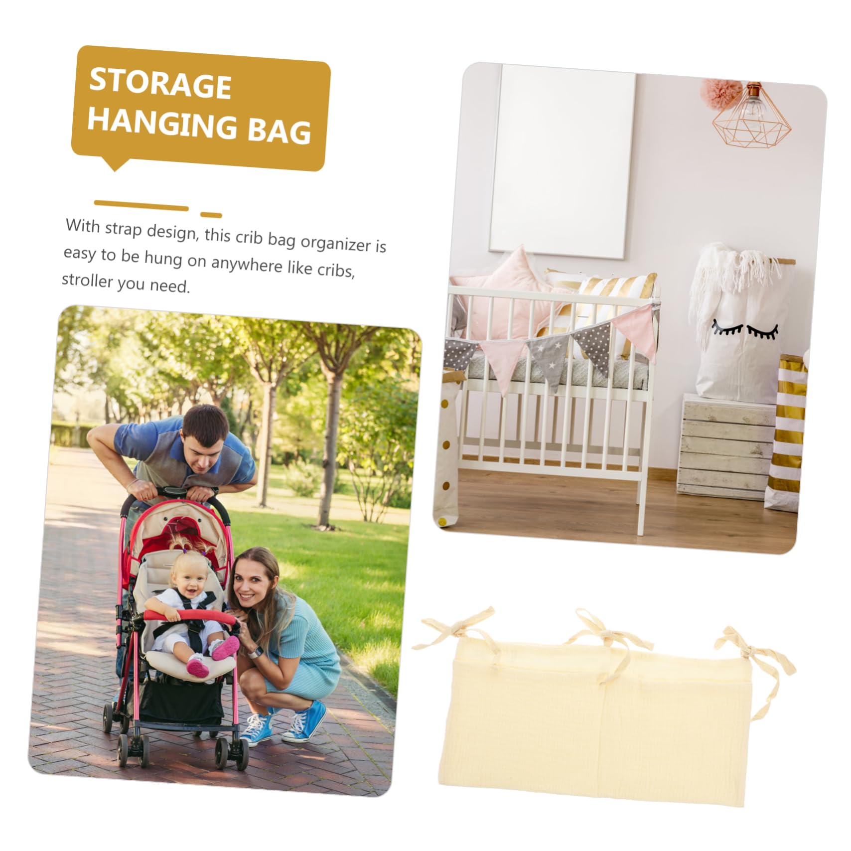 MOBUTOFU Hanging Storage Organizer Bag for Stroller, Diaper Storage & Baby Essentials - Cotton Multi-Pocket Organizer for On-the-Go Parents (White) | Perfect for Strollers, Car Seats & Nursery Organization