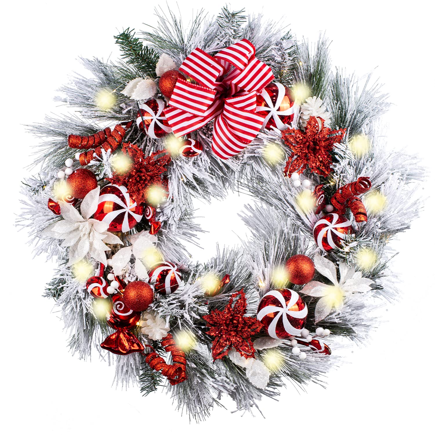 30 Inch Pre-Lit LED Christmas Wreath for Front Door - Battery Operated with 50 Warm White & Red Lights, Holiday Decor with Ball Ornaments & Candy Canes - Perfect for Indoor/Outdoor Christmas Door Decorations, Porch, Fireplace & Holiday Party Decor