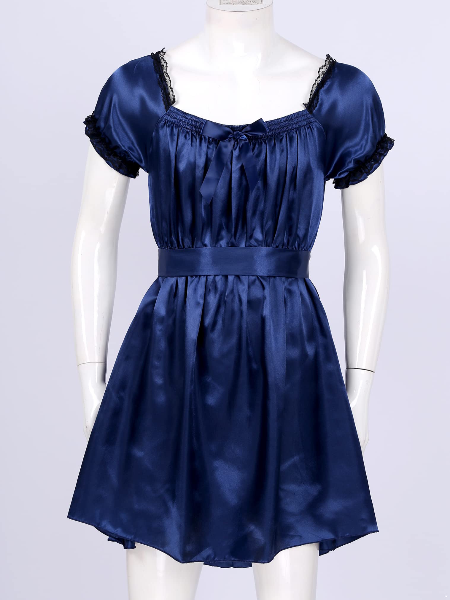JEATHA Men's Satin Maid Nightdress - Frilly Lace Trim High-Low Hem Crossdressing Lingerie Sleepwear for Cosplay, Role Play & Special Occasions