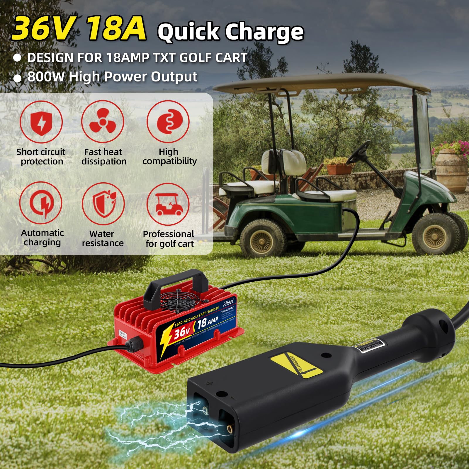 Roykaw 18 Amp 36 Volt Golf Cart Battery Charger - Compatible with EZGO TXT Electric Models, Lead Acid Battery Charger with D Type Plug - Replacement for Powerwise 36v Golf Cart Charger - Perfect for Home, Golf Course & RV Use