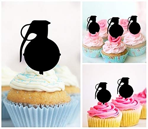 TA1134 Grenade Hand Bomb Silhouette Acrylic Cupcake Toppers - 10pcs for Party, Wedding & Birthday Decorations - Perfect for Military Themed Events, Bachelor Parties and Unique Dessert Displays