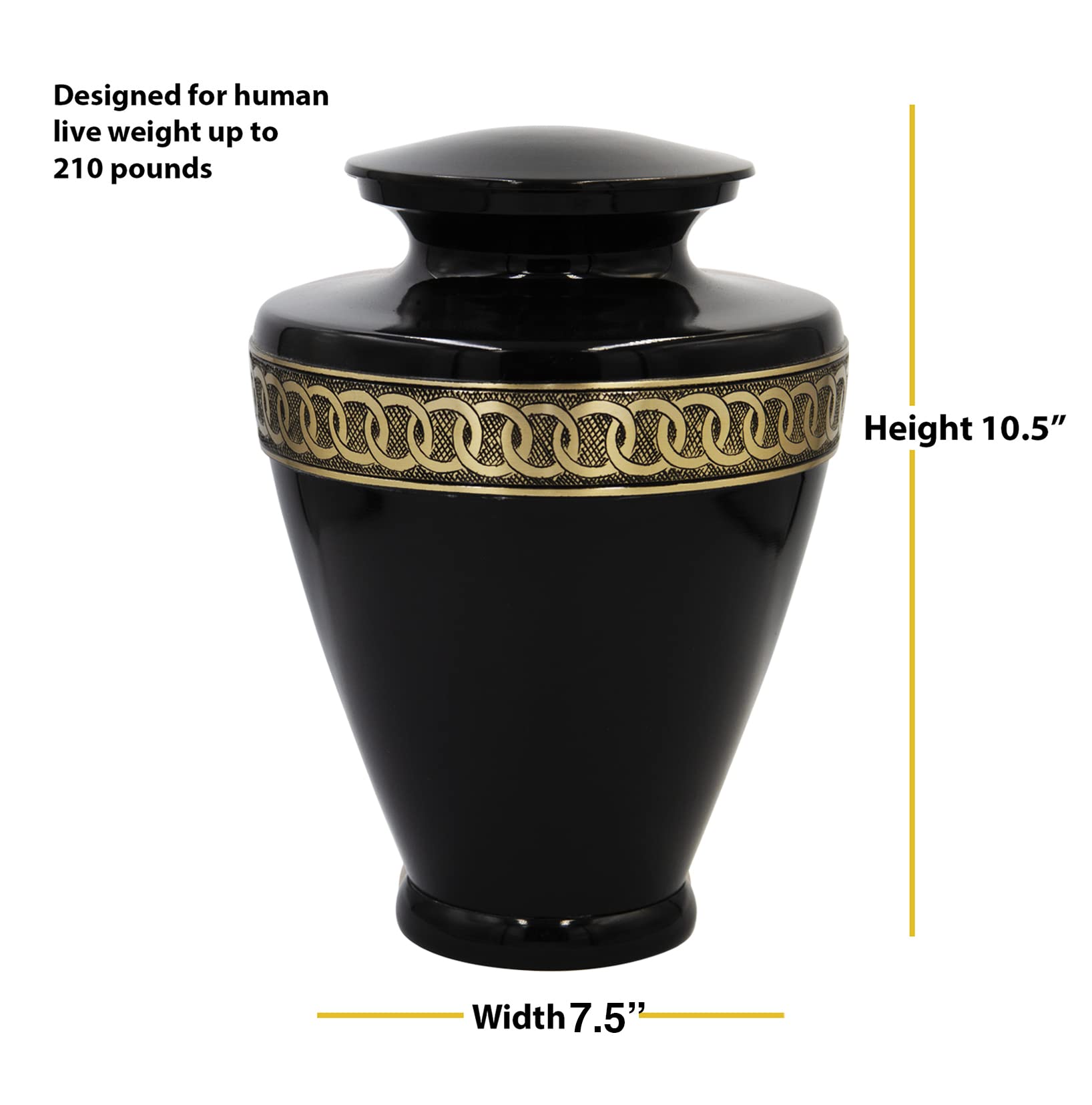 Elegant Black & Gold Solid Brass Cremation Urn for Adults - Human Ashes Urn with Velvet Bag | Perfect for Funeral Services, Memorials & Home Display