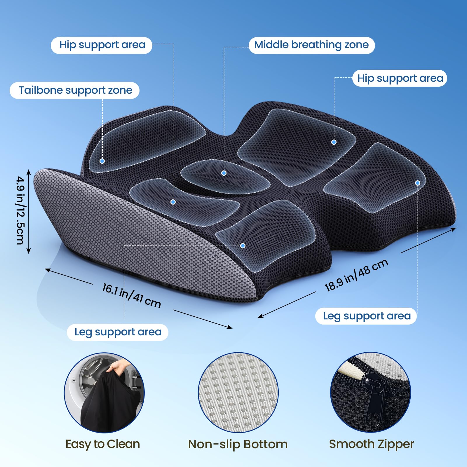 Benazcap Memory Foam Seat Cushion for Office Chair - Large Pressure Relief Cushion for Tailbone, Coccyx & Sciatica Pain Relief - Ergonomic Support for Back & Butt Pain - Perfect for Office Workers, Long Sitting & Driving
