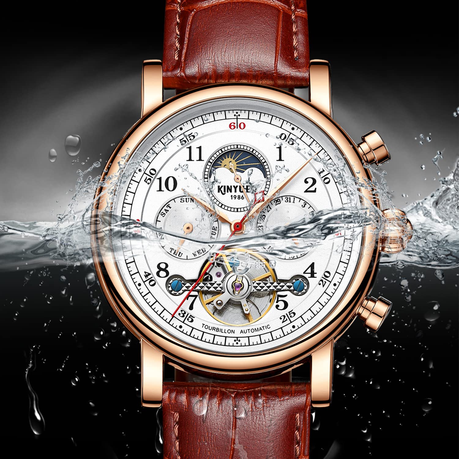 IK COLOURING Men's Mechanical Skeleton Watch - 44mm Automatic Self-Wind Wristwatch with Calendar, Week Display, Moon Phase & Tourbillon | Perfect for Business, Formal Events & Luxury Gift Giving