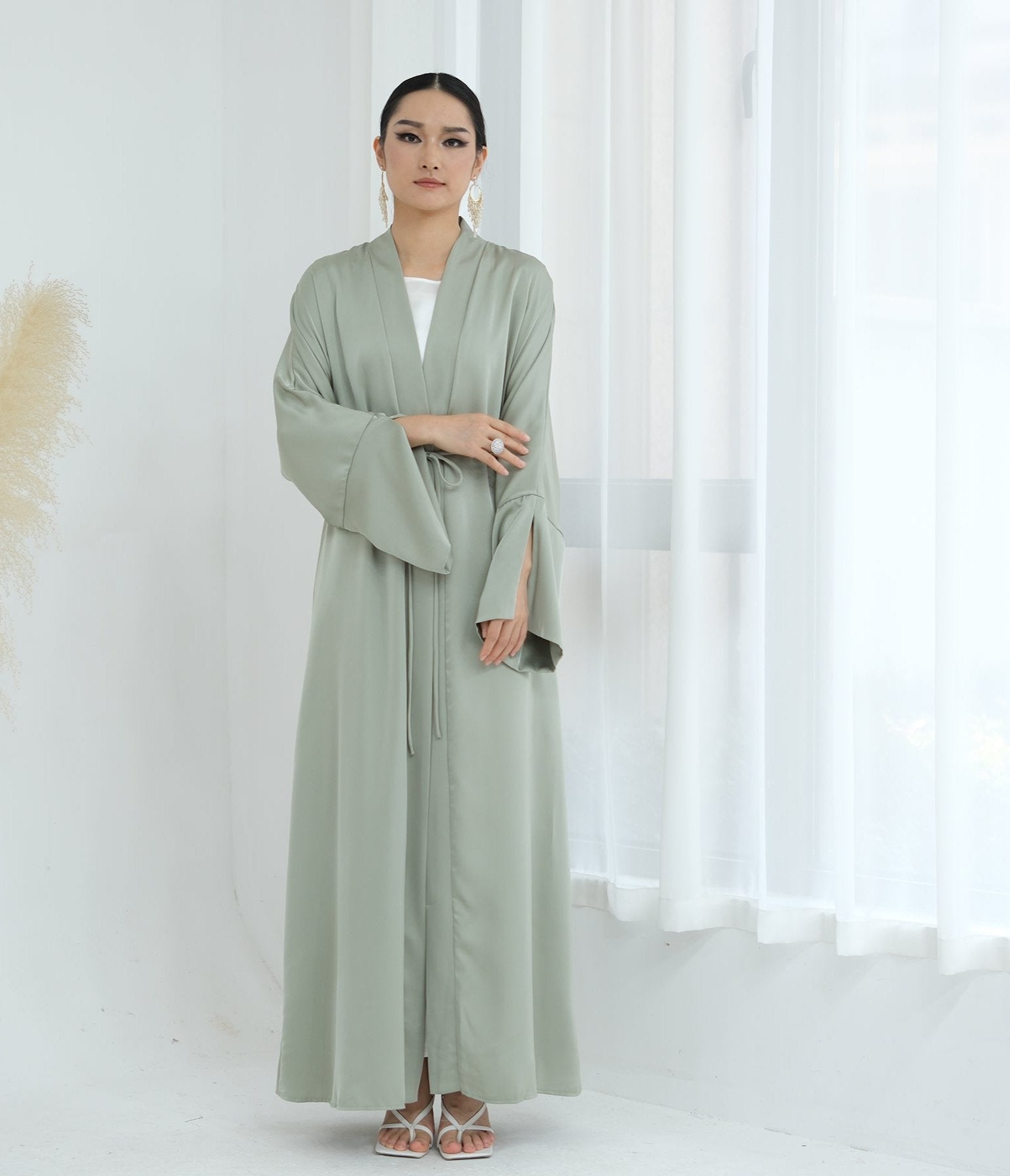 Lavinia Satin Open Abaya for Women - Elegant Long Flowy Prayer Dress - Sage Green Islamic Modest Wear for Mosque, Eid & Special Occasions