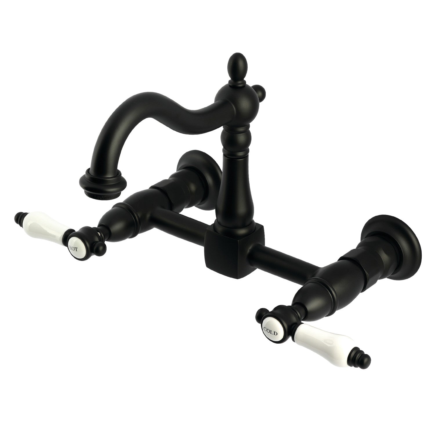 Bel Air KS1260BPL Matte Black Wall Mount Double Handle Bridge Kitchen Faucet - 2 Hole Installation for Modern Farmhouse & Industrial Style Kitchens