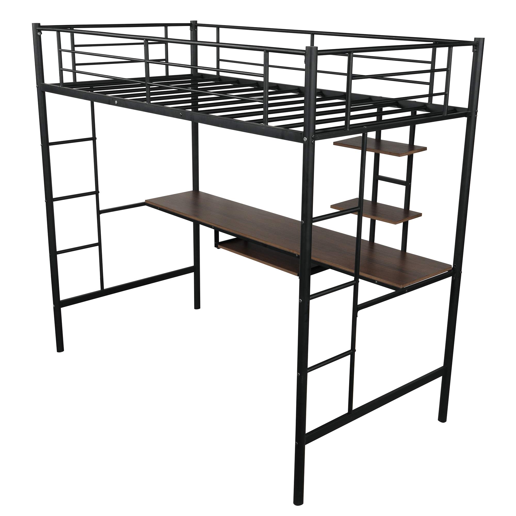 RUNNA Twin Loft Bed for Kids & Teens - Sturdy Metal Bunk Bed with Built-in Study Desk, Storage Shelves & Keyboard Tray - Space Saving Furniture for Small Rooms - Perfect for Dorm, Bedroom or Apartment