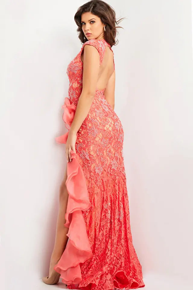 Jovani 38668 Emmy Lace Beaded High Slit Ruffle Gown - Elegant Evening Dress for Prom, Wedding & Formal Events