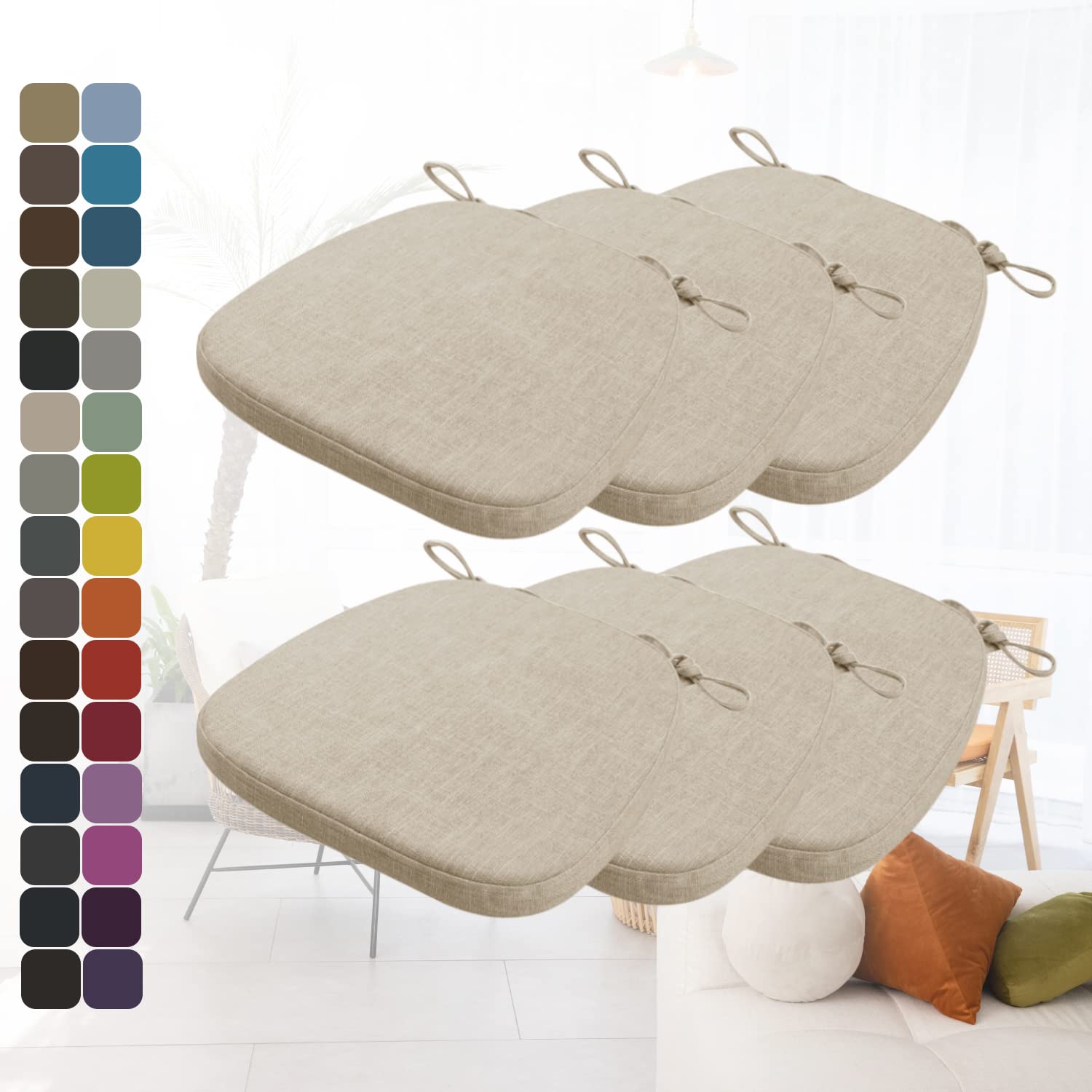 Kimgull Non-Slip Chair Cushions with Ties - Set of 6 Thickened Breathable Seat Pads, Detachable Washable Cover - Perfect for Kitchen, Dining, Living Room & Office Chairs (17x15.7x2 Inches, Khaki) | Comfortable Support for Long Sitting Hours at Work or Home