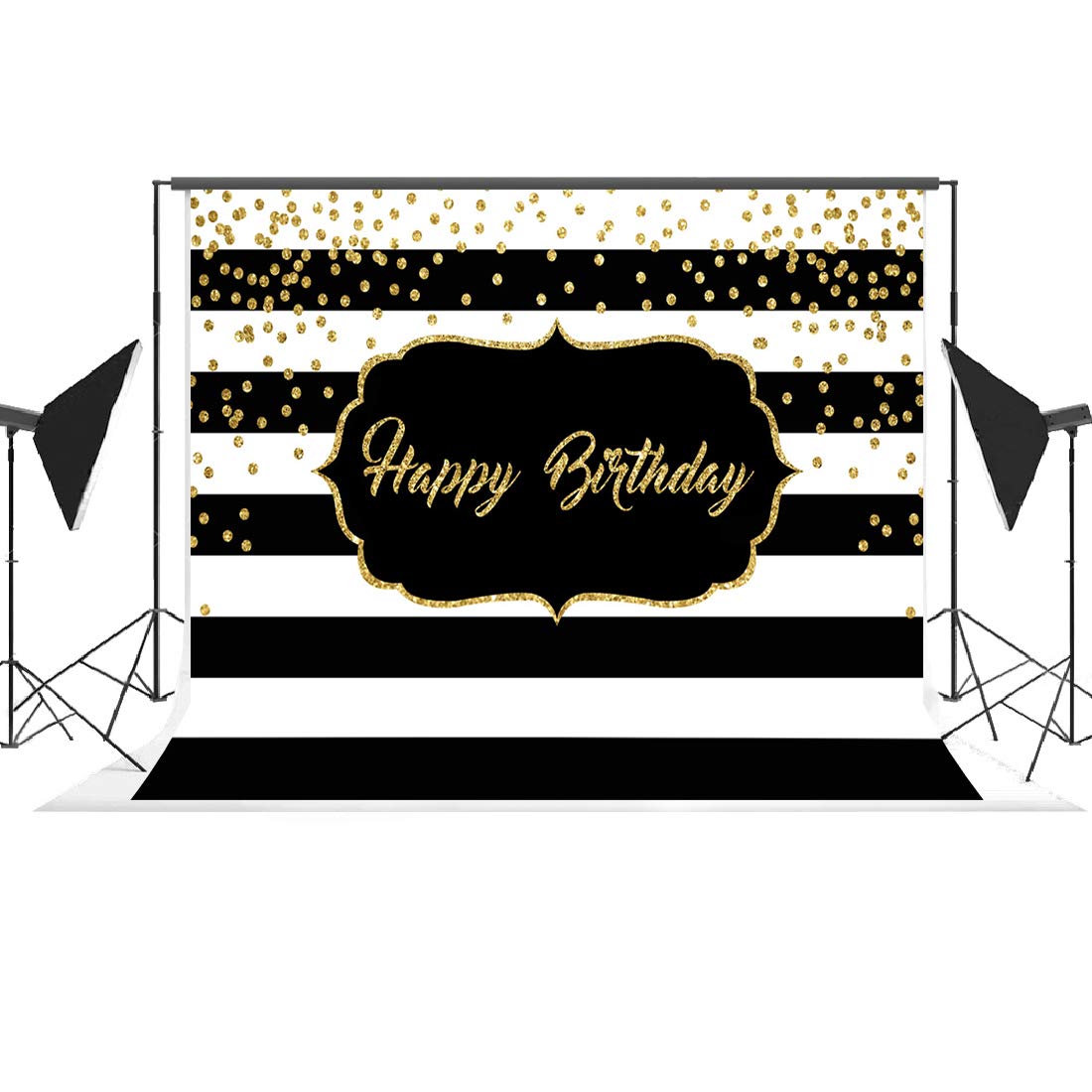 Black and White Striped Happy Birthday Backdrop with Gold Glitter Dots - 7x5ft Photography Background for Adult Birthday Parties, Sweet 16, Anniversary & Photo Booth Props - Perfect for Instagram & Social Media Photos