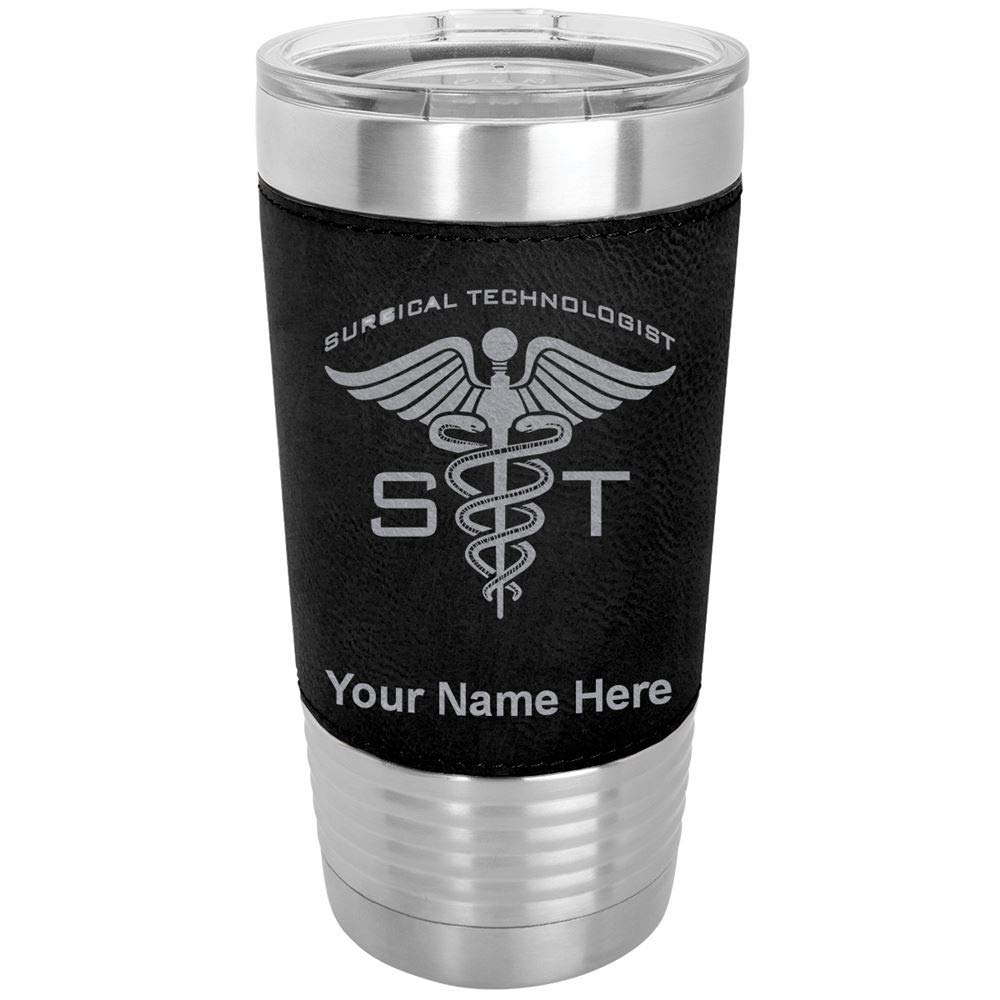 LaserGram 20oz Vacuum Insulated Stainless Steel Tumbler Mug with Personalized Engraving - Leakproof & Sweatproof - Ideal for ST Surgical Technologists, Nurses, Healthcare Workers - Perfect for Coffee, Tea & Cold Drinks at Work or Gym (Faux Leather, Black)