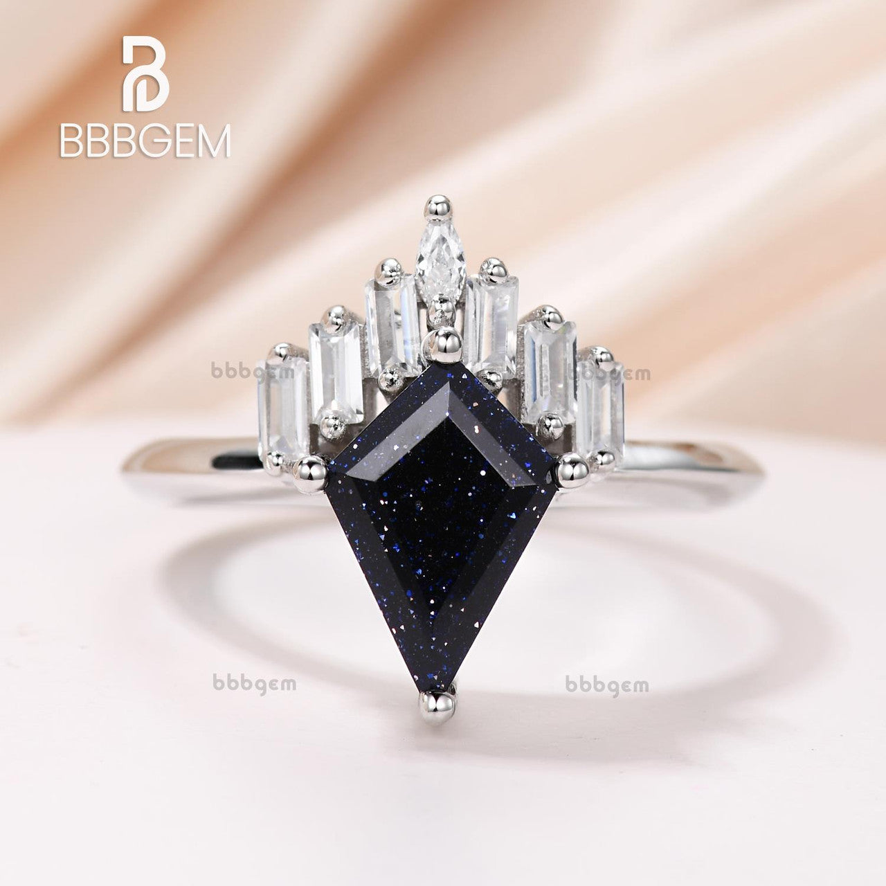 Vintage Blue Goldstone Moissanite Engagement Ring - Knife Edge Kite Cut Blue Sandstone Statement Ring for Women, Wedding, Anniversary & Special Occasions