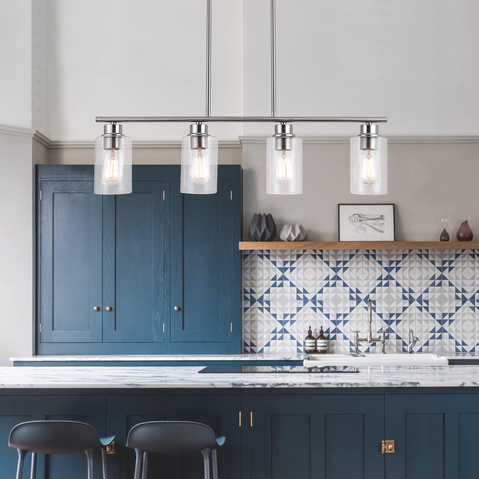 Farmhouse 4-Light Pendant Lighting for Kitchen Island - Brushed Nickel with Clear Glass Shade - Perfect for Dining Room, Living Room & Kitchen Island Lighting Decor