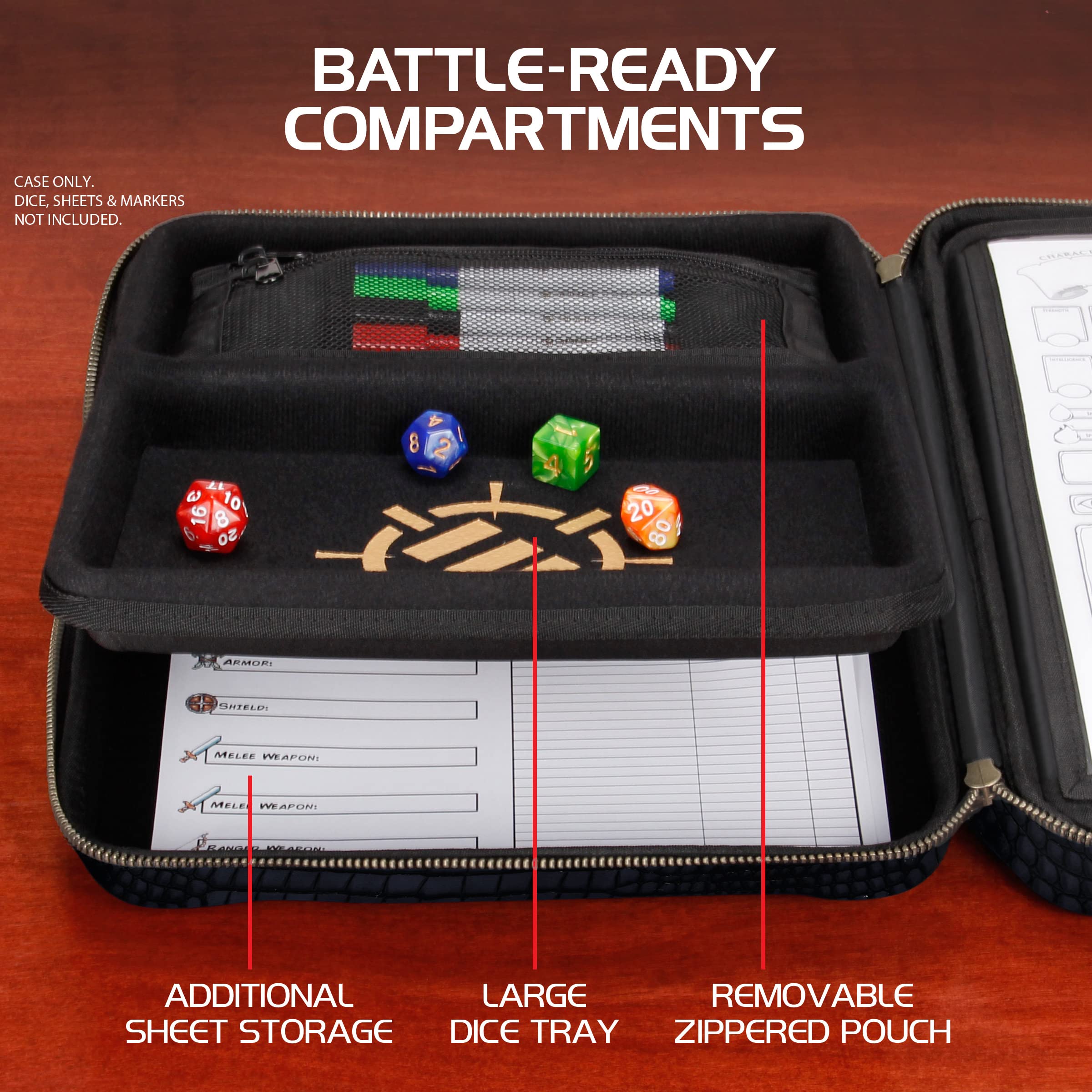 Premium RPG Organizer Case - Durable DnD Binder with Built-in Character Sheet Holder, Erasable Scribe Panel, Dice Rolling Area & Removable Pen Pouch | Perfect for Dungeons & Dragons, Pathfinder & Tabletop Gaming | Includes Miniature Foam Tray & Wrist Strap for Convenient Game Sessions