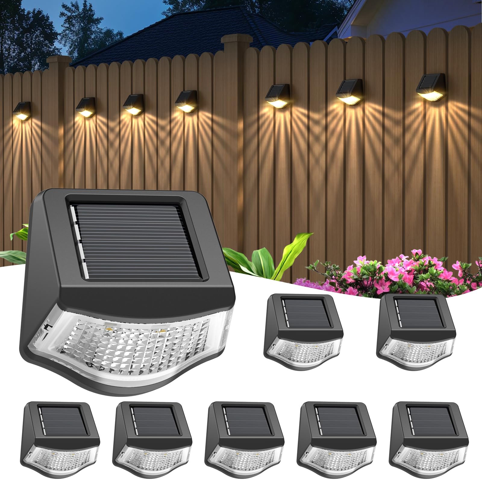 8 Pack Waterproof Solar Fence Lights Outdoor - 16 LED Solar Deck Lights for Stairs, Steps, Fence, Wall, Yard & Patio | Perfect for Pathway Lighting, Garden Decoration & Nighttime Safety