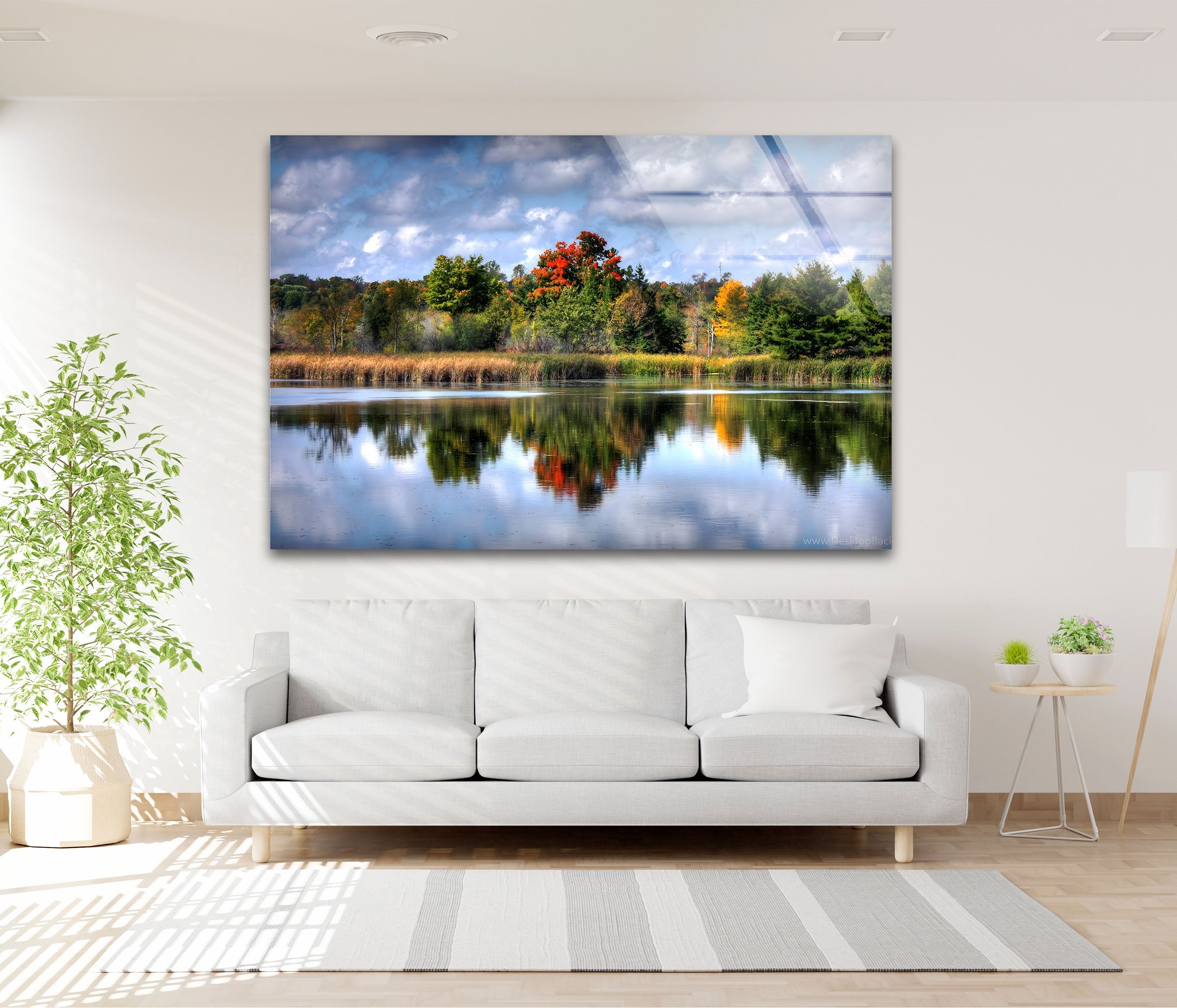 Autumn Reflections Scenic Forest Lake Glass Wall Art - Stunning Nature Decor for Living Room, Bedroom & Office