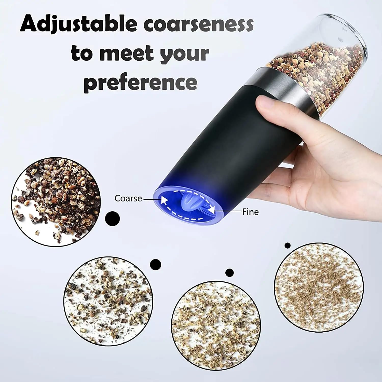 Premium Electric Salt and Pepper Grinder Set - Automatic Gravity Sensor Mill with Adjustable Coarseness & Blue LED Light - One-Hand Operation Battery-Powered (2-Pack Black) - Perfect for Kitchen, Dining Table & Outdoor BBQ