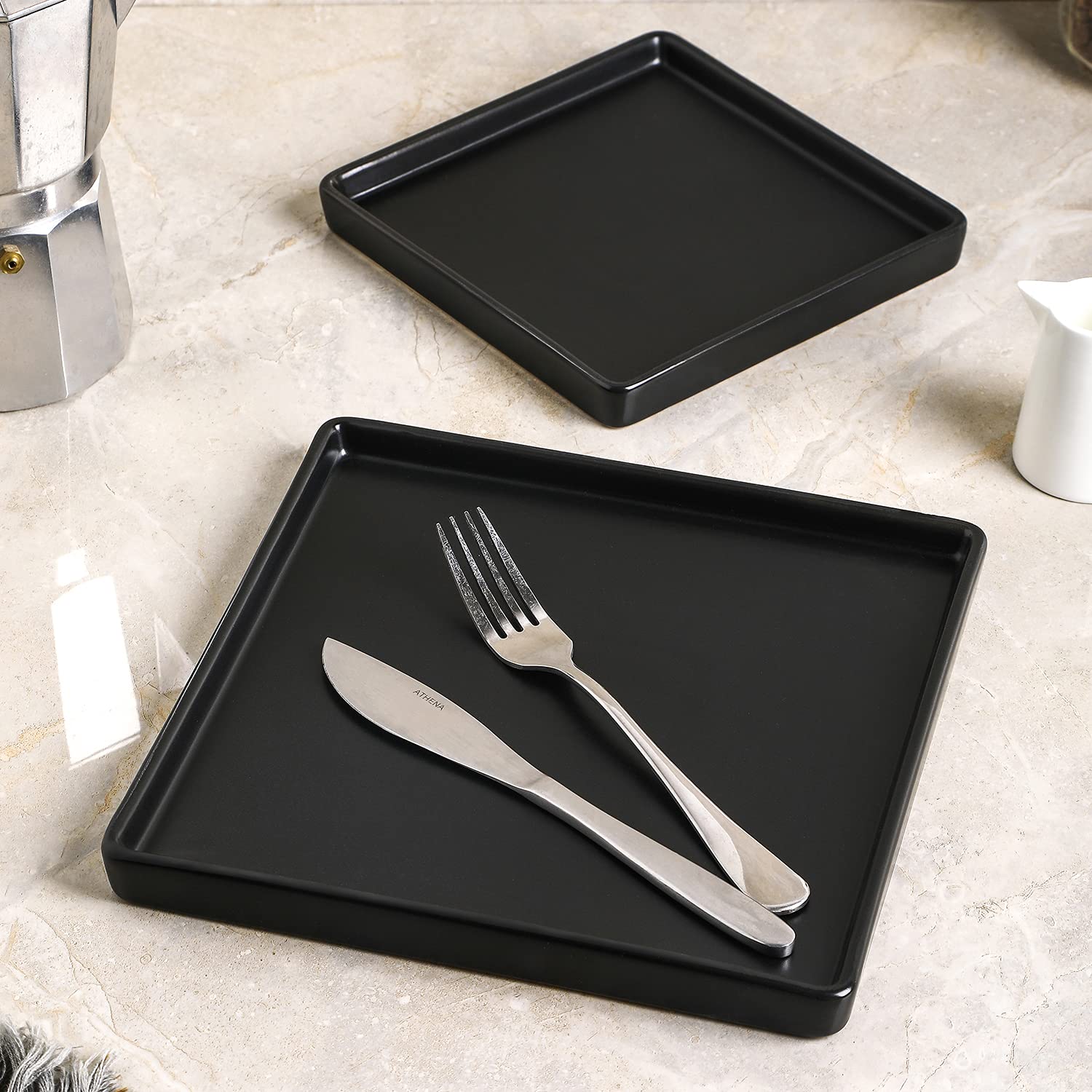 Grace Stoneware Dinner Plate Set of 4 - Elegant Black Stone Lain Plates for Everyday Dining, Dinner Parties & Home Decor