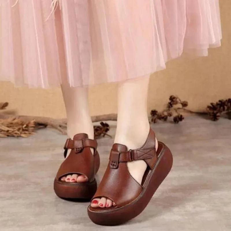 Women's Leather Open Toe Wedge Sandals - Comfortable High Heel Summer Shoes for Beach, Party & Casual Outfits