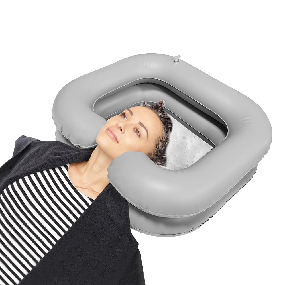 Portable Inflatable Shampoo Basin for Bedridden & Elderly Care - Light Grey Hair Washing Bowl for Disabled & Home Healthcare - Perfect for Bed Baths, Salon Use & Hospital Care
