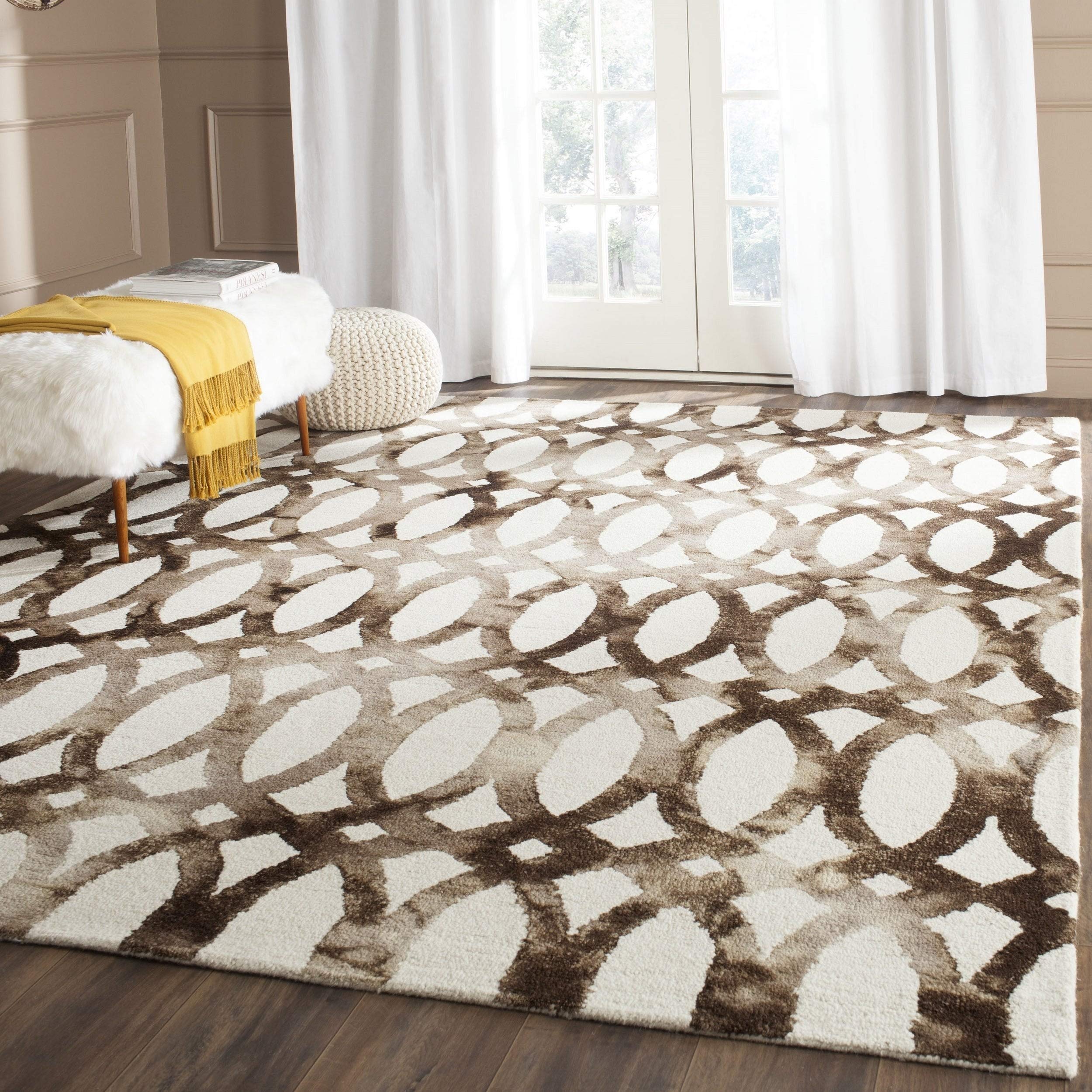 SAFAVIEH Dip Dye Collection 7' Square Ivory/Chocolate DDY675E Handmade Moroccan Watercolor Premium Wool Area Rug - Perfect for Living Room, Bedroom & Boho Home Decor