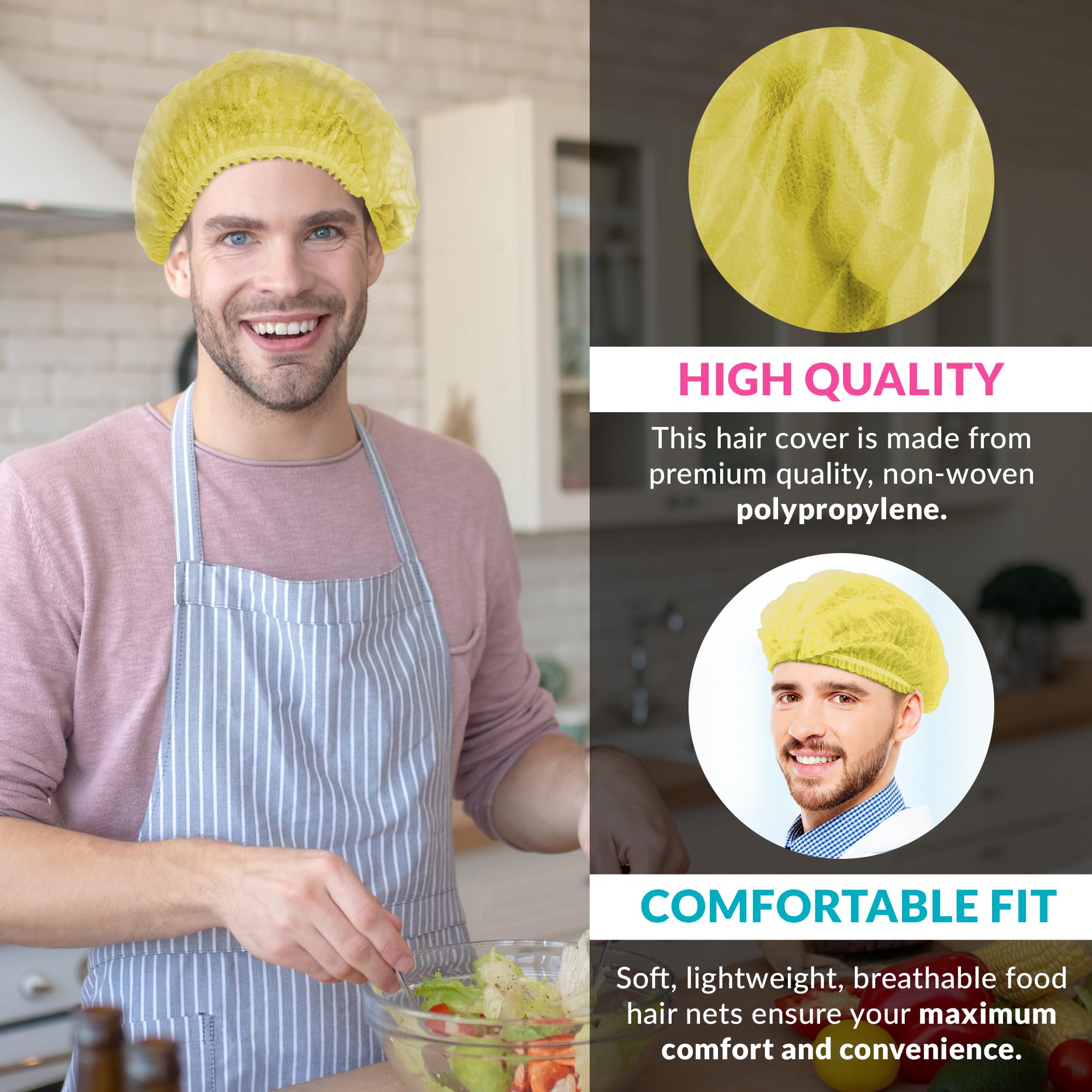 1000 Pack Disposable Bouffant Caps 21 Inch - Yellow Polypropylene Hair Nets for Medical, Food Service, Beauty & Tattoo Salons - Ideal for Healthcare Workers, Chefs & Salon Professionals