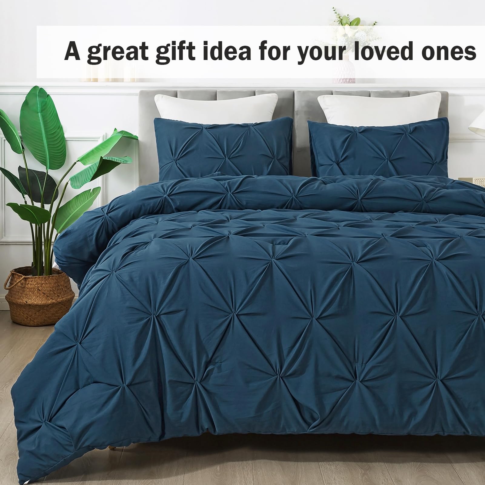 Andency Navy Blue Comforter Set King Size - 3 Piece All Season Pintuck Bedding Set with Soft Fluffy Microfiber, Luxury Bedroom Decor for Master Bedroom, Guest Room & Dorm (King Size)
