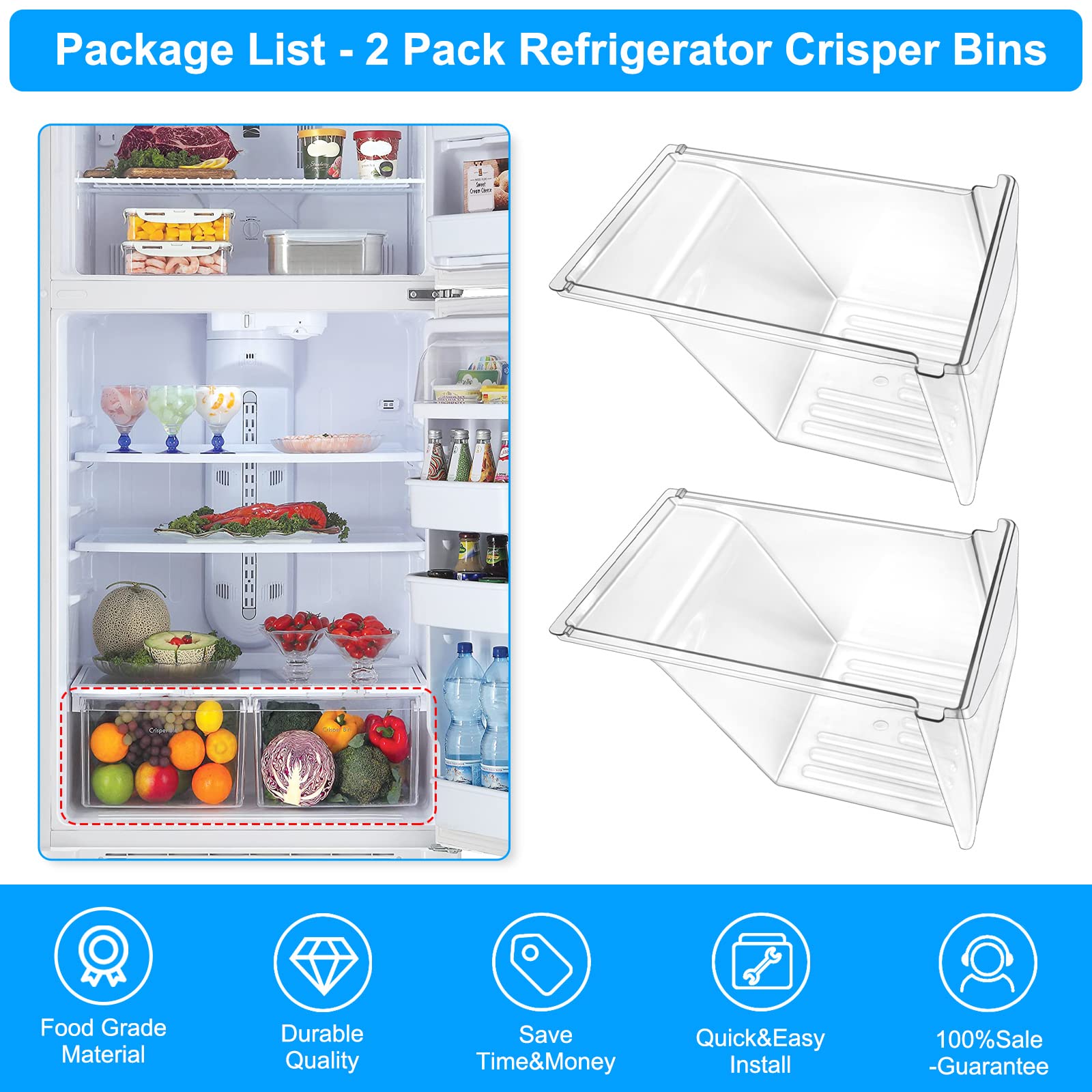 Upgraded 2-Pack Refrigerator Crisper Drawers Bins - Compatible with Frigidaire & Kenmore Models (Replacement for 240337100, AP2115741, 240323007) - Food-Grade Plastic - Perfect for Fresh Produce Storage in Your Fridge