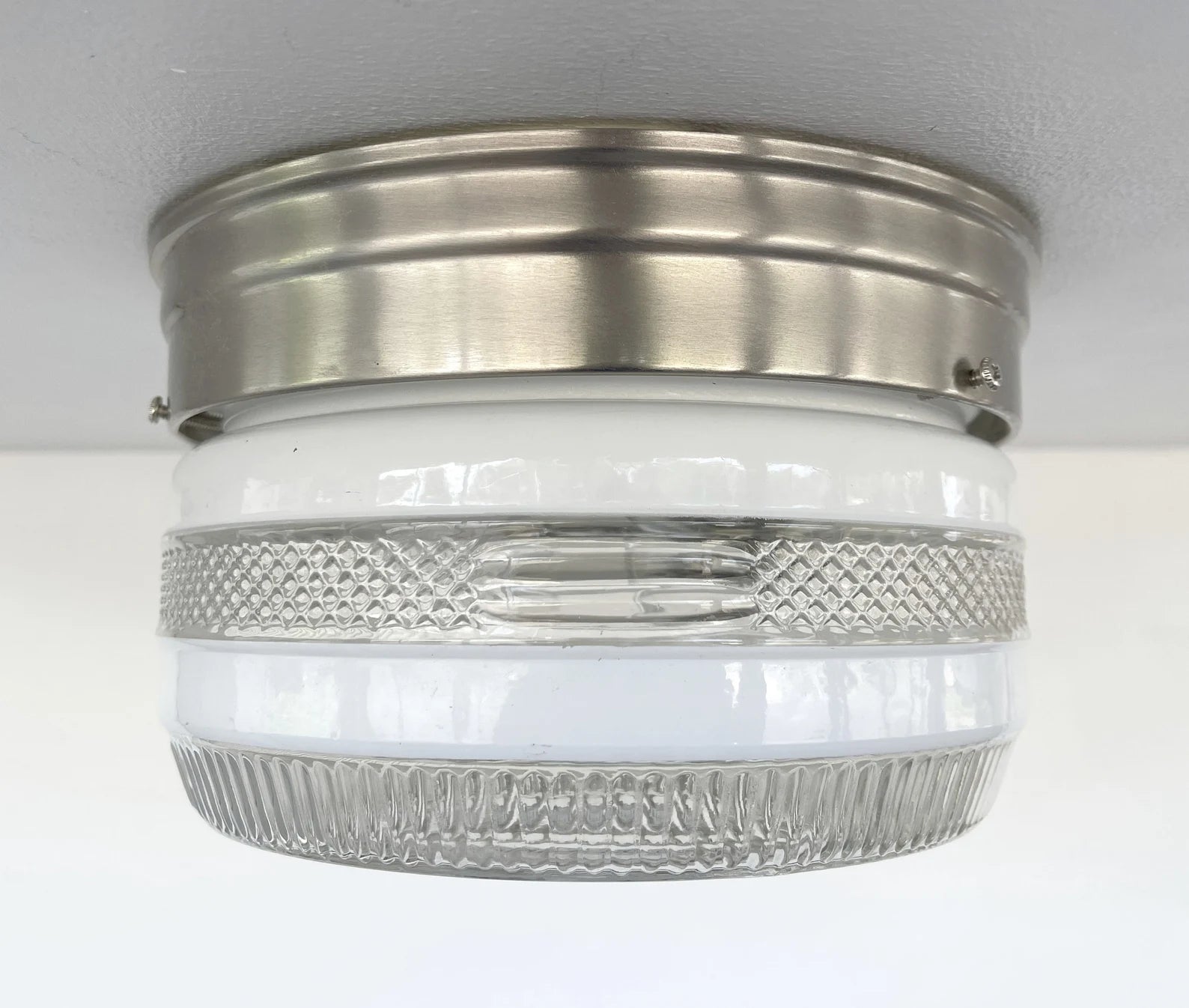 Vintage 1960s Retro Drum Flush Mount Ceiling Light Fixture - Brushed Nickel Finish - Perfect for Mid-Century Modern Living Room, Bedroom or Dining Room Lighting