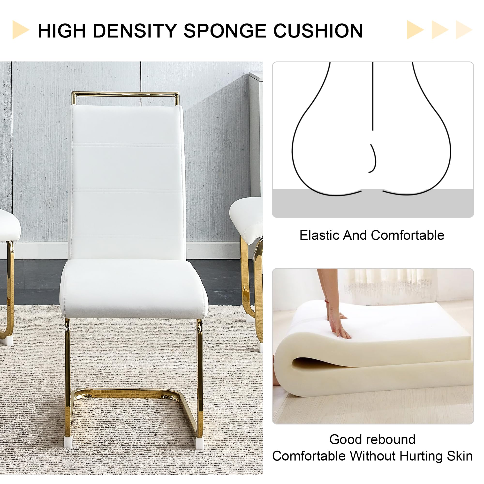 Modern Dining Chairs Set of 4 - PU Faux Leather High Back Upholstered Side Chairs with Horizontal Stripe Backrest - White with Gold Legs - Perfect for Kitchen, Dining Room & Living Room