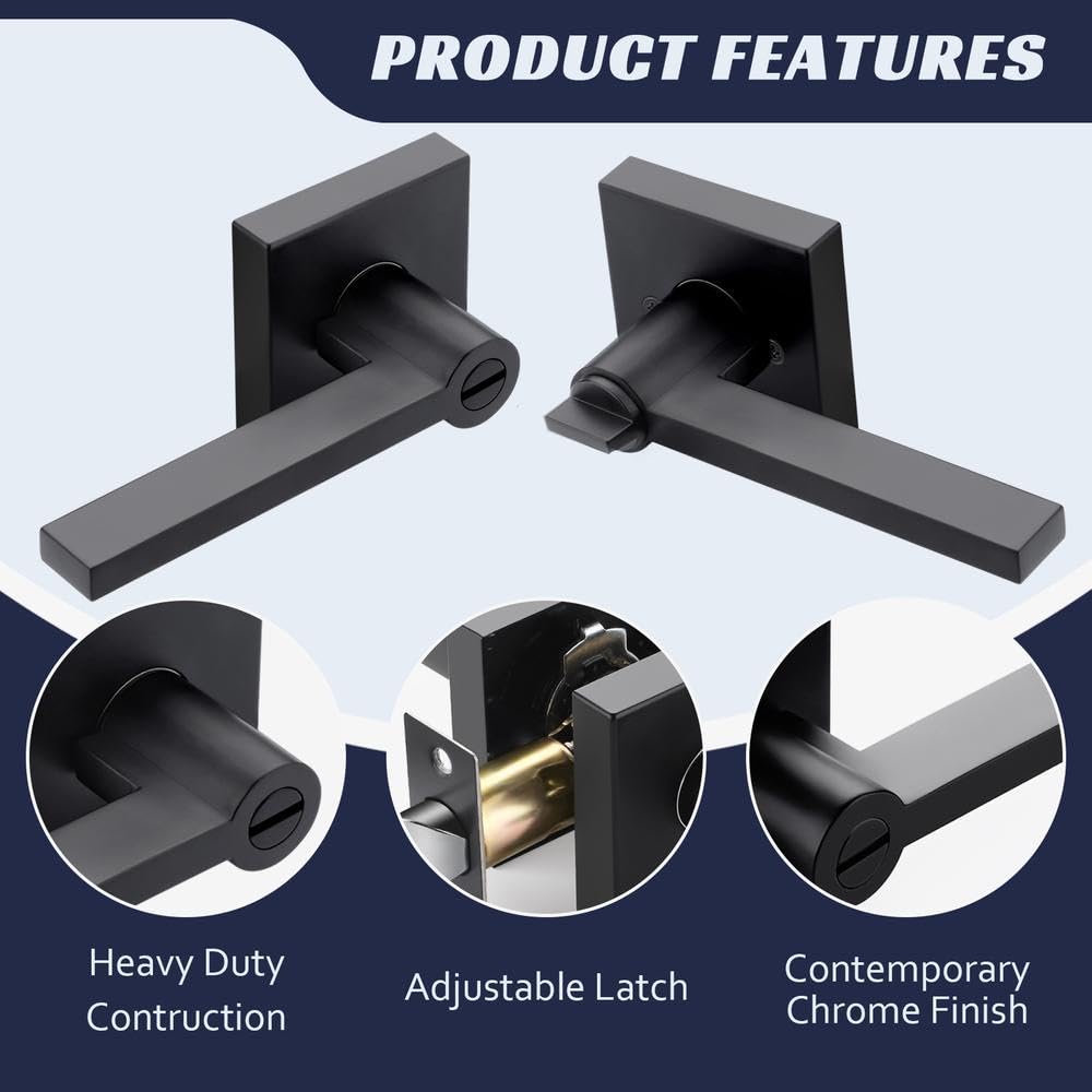 5 Pack Matte Black Interior Door Handles - Slim Privacy Lever Door Knob Set with Lock for Bedroom & Bathroom Security | Left/Right Handed | Modern Home Upgrade for Privacy & Style