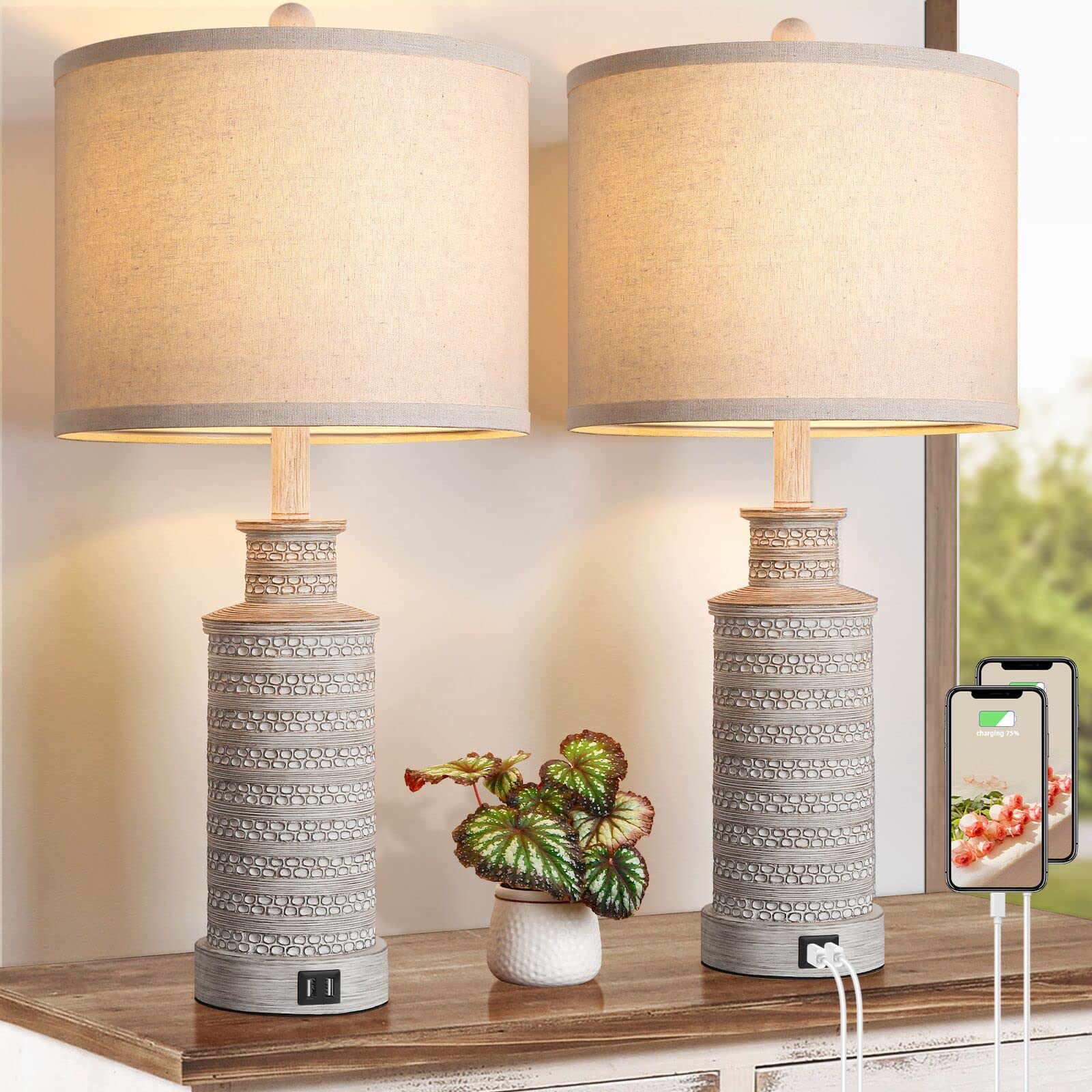 2 Pack Modern Farmhouse Table Lamps with USB Charging Ports & Rotary Switch - Vintage Gray Bedside Nightstand Lamps for Bedroom, Living Room, Home Office - Perfect for Reading, Working & Charging Devices