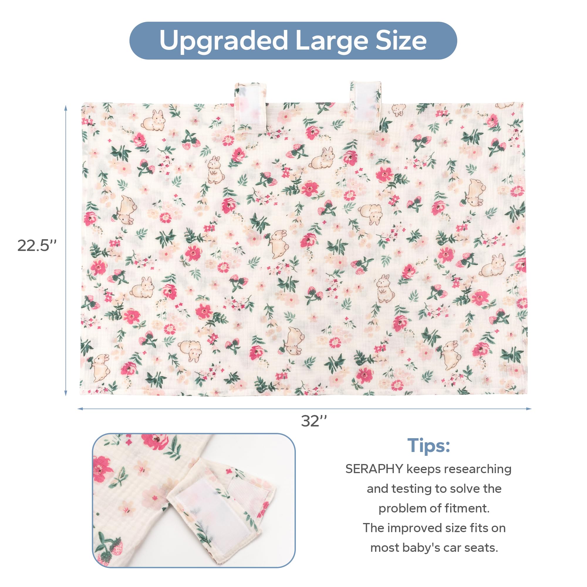 SERAPHY 100% Muslin Cotton Baby Car Seat Cover - Universal, Breathable Infant Car Seat Canopy for Boys & Girls - Soft Summer Car Seat Protector with Rabbit Design - Perfect for Strollers, Travel & Outdoor Adventures