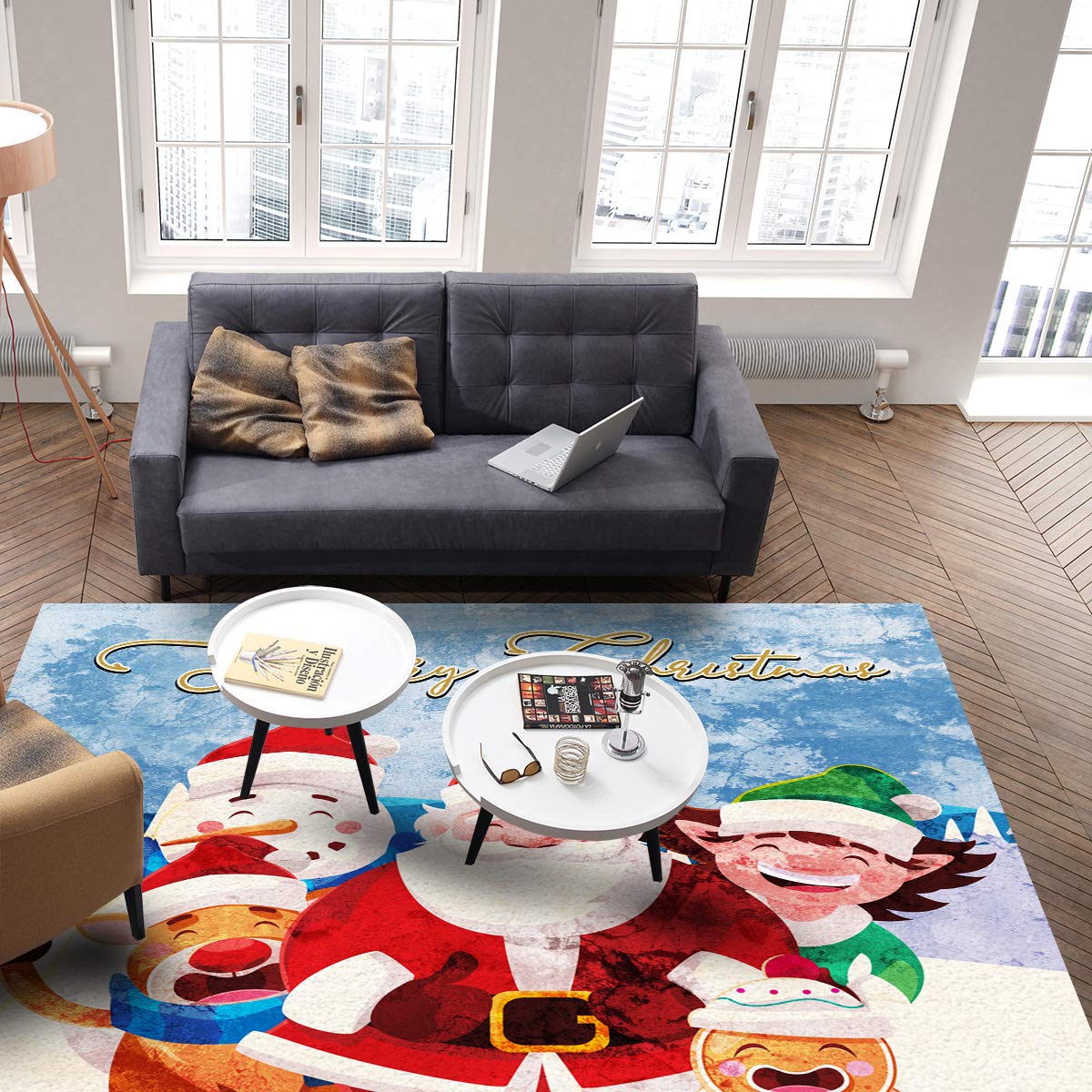 4' x 6' Large Rectangular Non-Slip Area Rug - Durable Christmas Themed Carpet with Santa, Elk, Biscuit & Snowman Design for Living Room, Bedroom, Outdoor - Perfect Holiday Decor Floor Mat for Festive Home, Office & Seasonal Celebrations