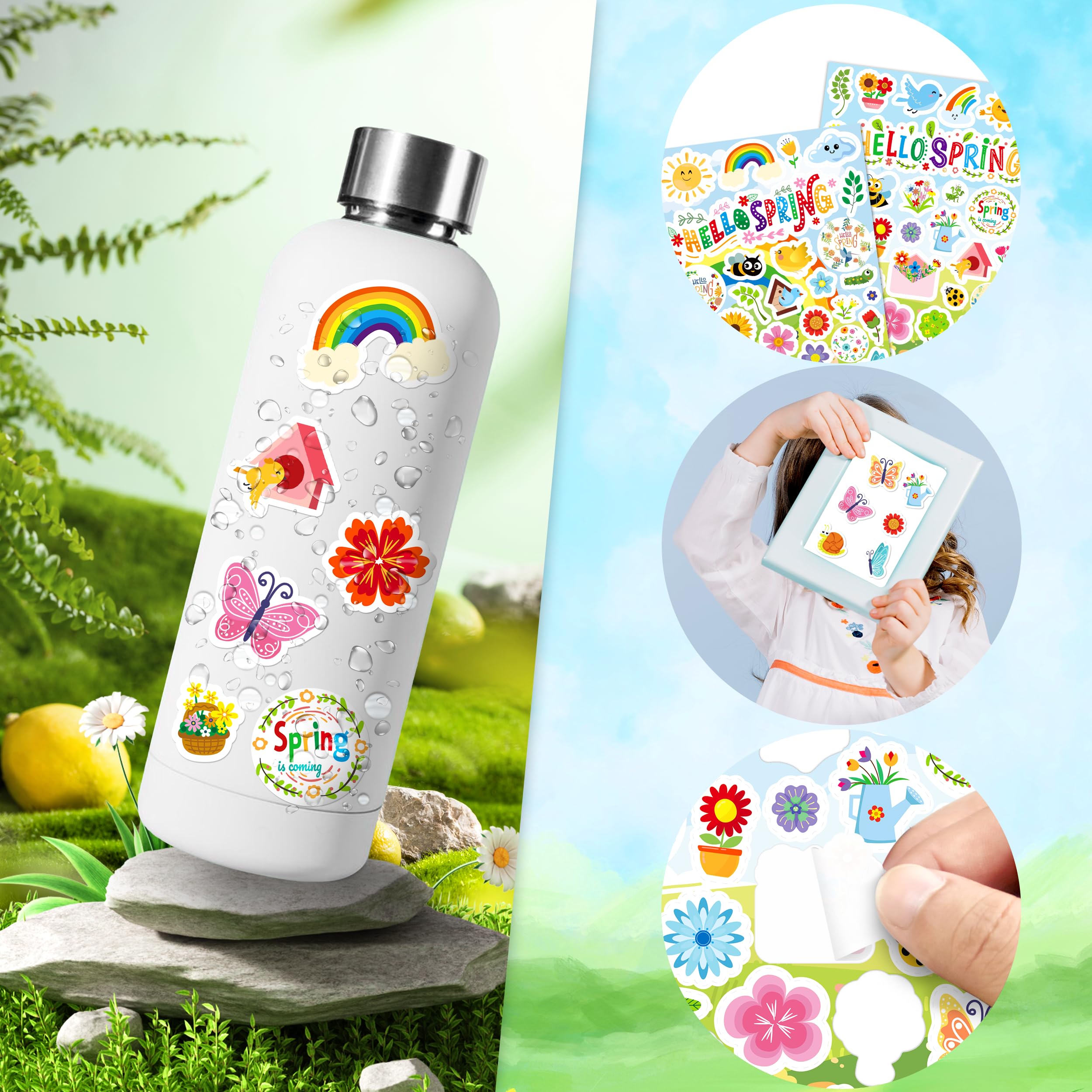 LINAYE 24 Sheets Spring Stickers for Kids - 840 PCS Floral, Butterfly & Bunny Stickers - Classroom Decor, Scrapbooking, DIY Crafts - Perfect for Spring Parties, Easter Gifts & School Projects